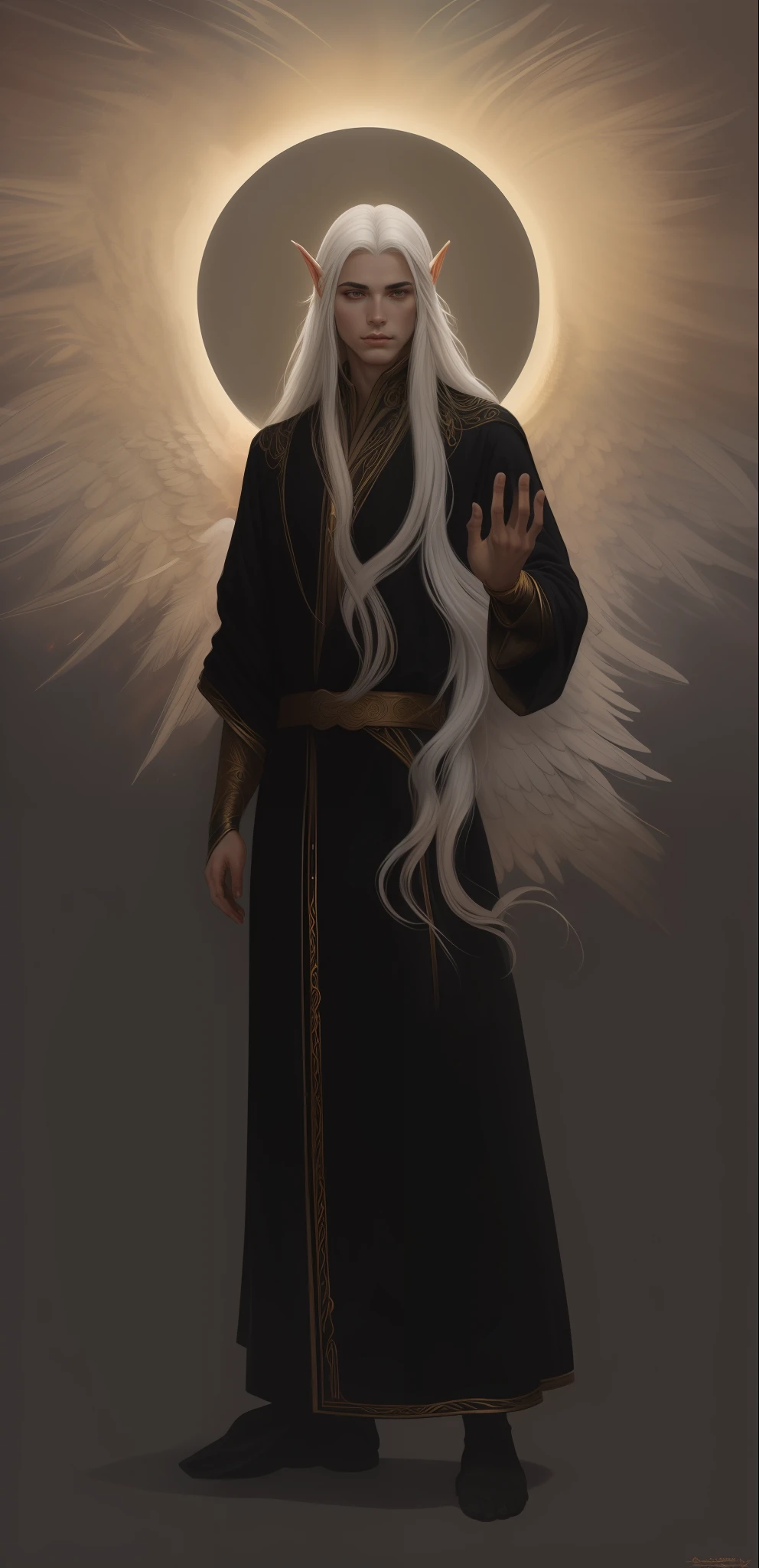 a man with long white hair and a black robe holding a ball, majestic full-length angel in dark robes with golden details, noble male elf in black robes, tom bagshaw donato giancola, dark fantasy character design, white-haired deity, yuri shwedoff and tom bagshaw, inspired by Yoann Lossel, an angel of dawn light