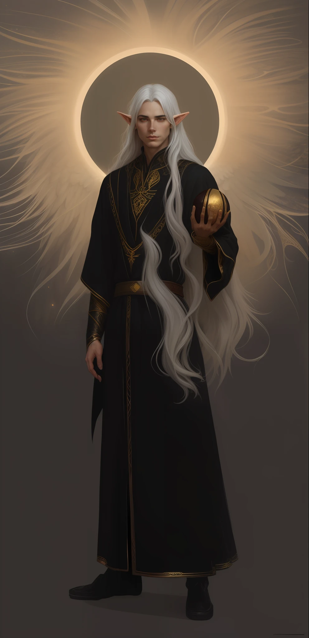 a man with long white hair and a black robe holding a ball, majestic full-length angel in dark robes with golden details, noble male elf in black robes, tom bagshaw donato giancola, dark fantasy character design, white-haired deity, yuri shwedoff and tom bagshaw, inspired by Yoann Lossel, an angel of dawn light