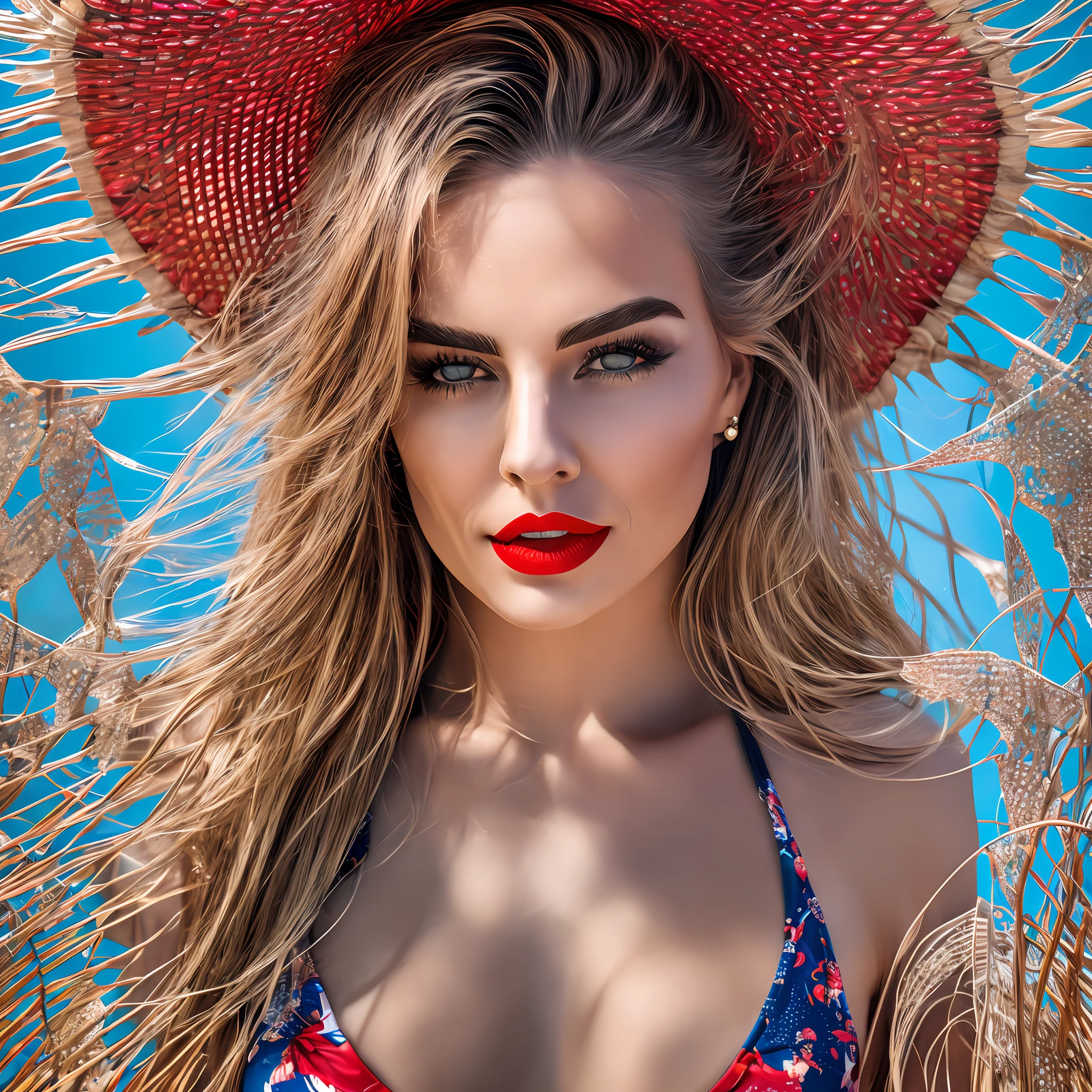 Beautiful young woman , pretty face , surrealist , highly detailed , portrait (((focus))) , in bikini, red lip, big chest, open chest, in tattoos, in the beach, dramatic angle --auto