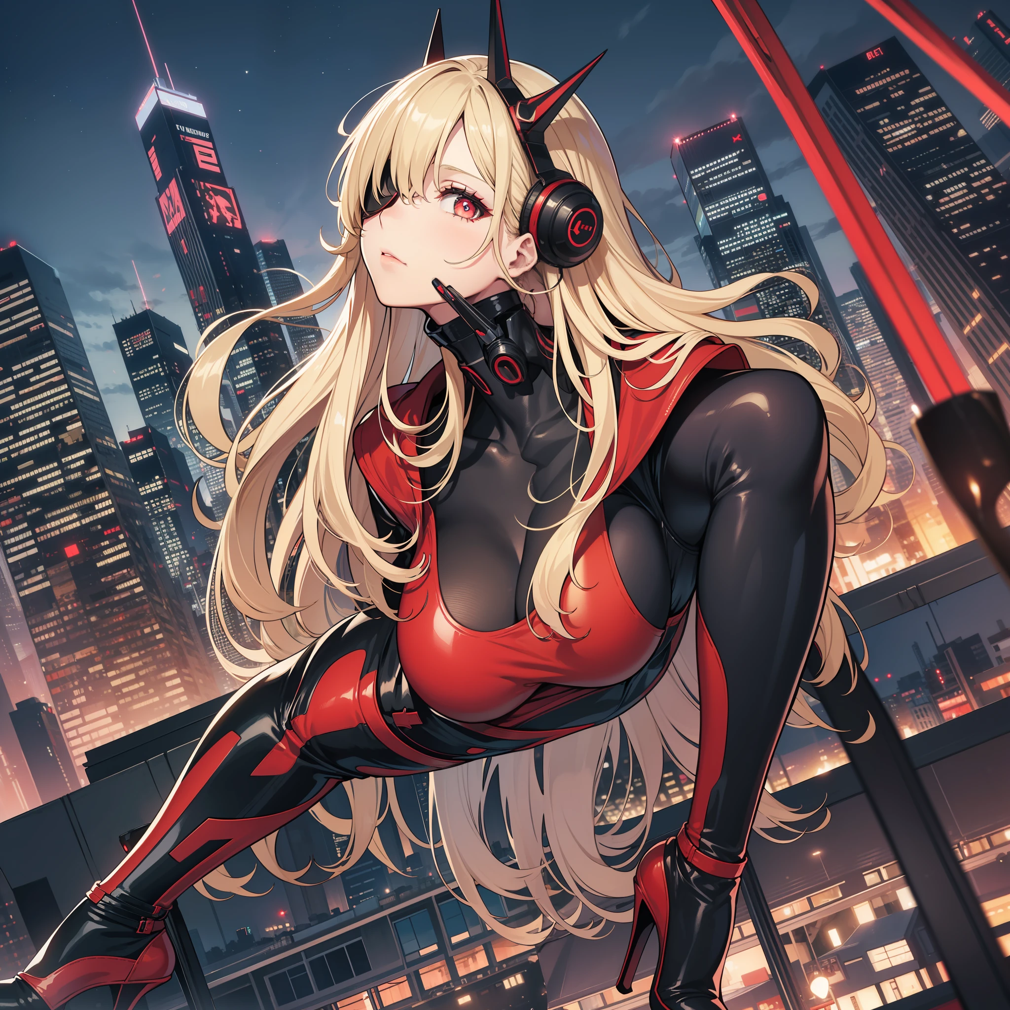 Age 30 years woman, Long blonde hair with pin doll, Wearing left eye patch, wearing a black red white bodysuit with cloak, high heels, red nails and eyes, On the cyberpunk city, looking at viewer, sad, best quality, masterpiece, HD, Full Body, beautiful face, Night sky, variation angle, Swing on the building