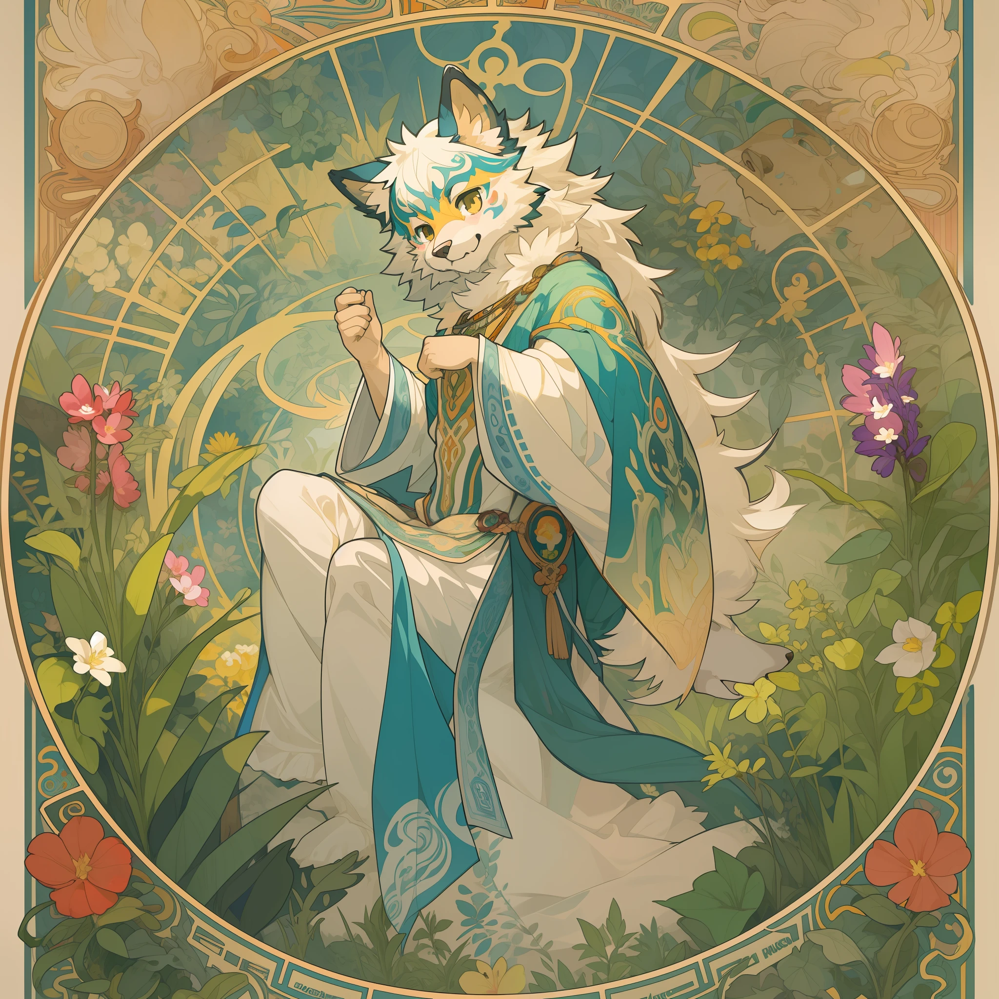 top quality, best quality, poster, rzminjourney, vector-art, High-quality illustrations by Alfons Mucha, masterpiece(kemono, furry anthro)logo mark, round, colorful ink splash flower,