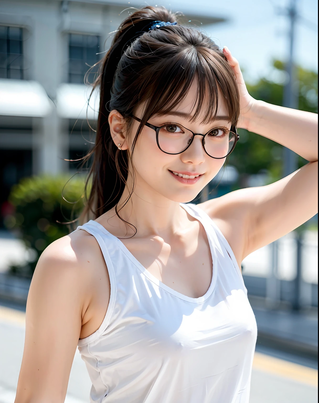Woman posing on street corner in white t-shirt, top quality, one girl, woman wearing glasses, thin frame round glasses, light colored glasses frame, bright, blurred background, bokeh, outdoor, (street: 0.8), (people, crowd: 1), sleeveless dress, white clothes, gorgeous (high ponytail, forehead: 1.2), beautiful sky in detail, earrings, ( Dynamic Pose: 1.2), (Upper Body: 0.8), Soft Lighting, Wind, Glossy Skin, Smile,