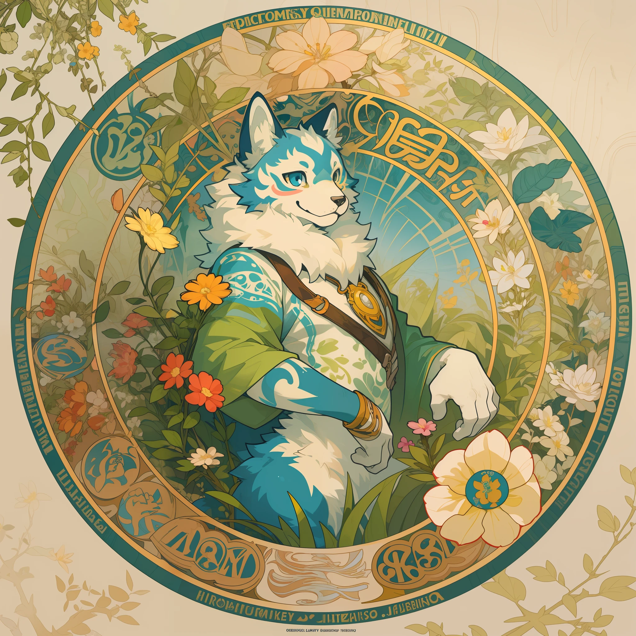 top quality, best quality, poster, rzminjourney, vector-art, High-quality illustrations by Alfons Mucha, masterpiece(kemono, furry anthro)logo mark, round, colorful ink splash flower,