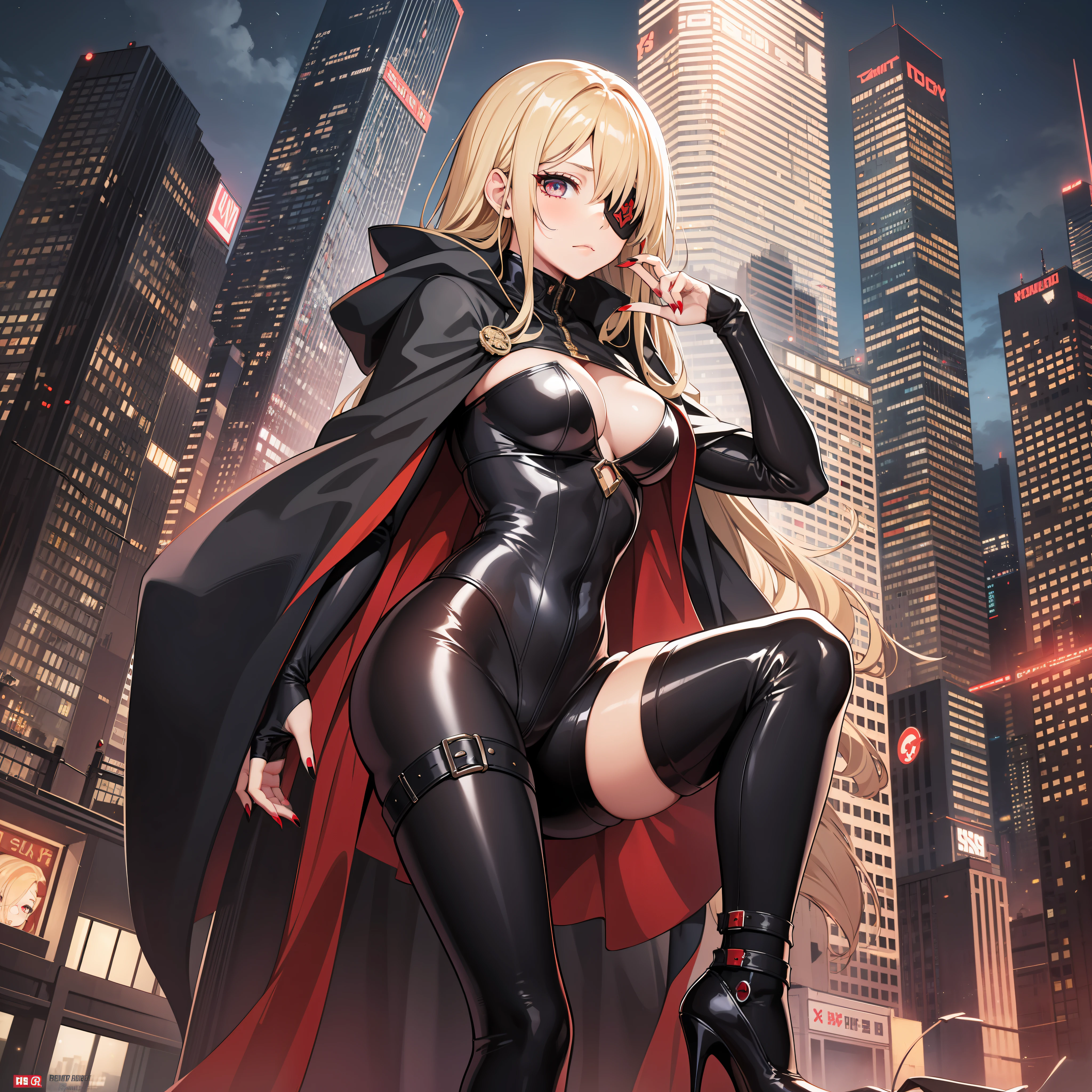 Age 30 years woman, Long blonde hair with pin doll, Wearing left eye patch, wearing a black red white bodysuit with cloak, high heels, red nails and eyes, On the cyberpunk city, looking at viewer, sad, best quality, masterpiece, HD, Full Body, beautiful face, Night sky, variation angle