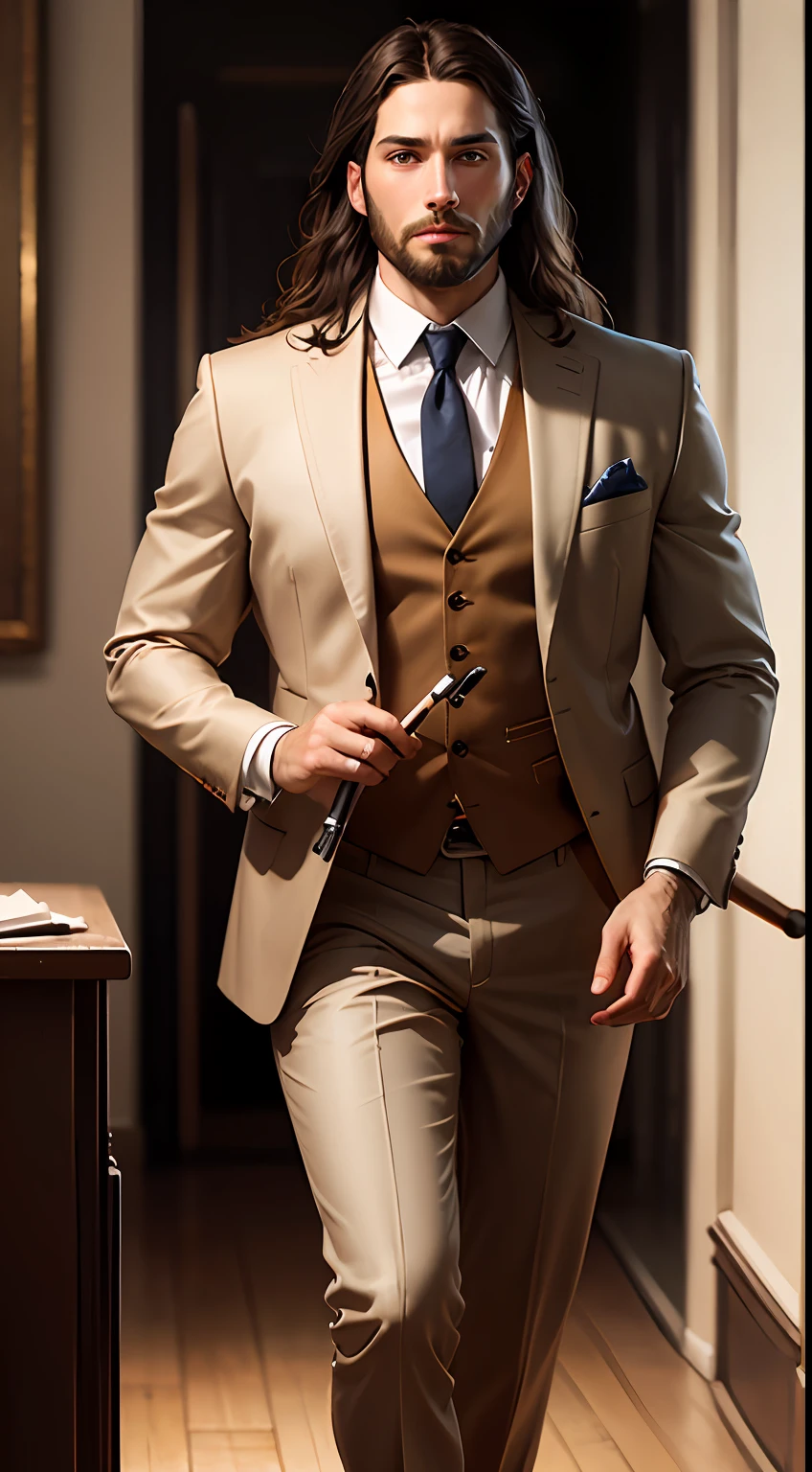 A beautiful ultra-thin realistic portrait of Jesus, the prophet, a man 33 years old Hebrew brunette, short brown hair, long brown beard, with staff in hand, wearing wedding clothes, suit and tie, in front view, full body, biblical, realistic,by Diego Velázquez,Peter Paul Rubens,Rembrandt,Alex Ross,8k, Concept Art, PhotoRealistic, Realistic, Illustration, Oil Painting, Surrealism, HyperRealistic, brush brushes, Digital art, style, watercolor --auto