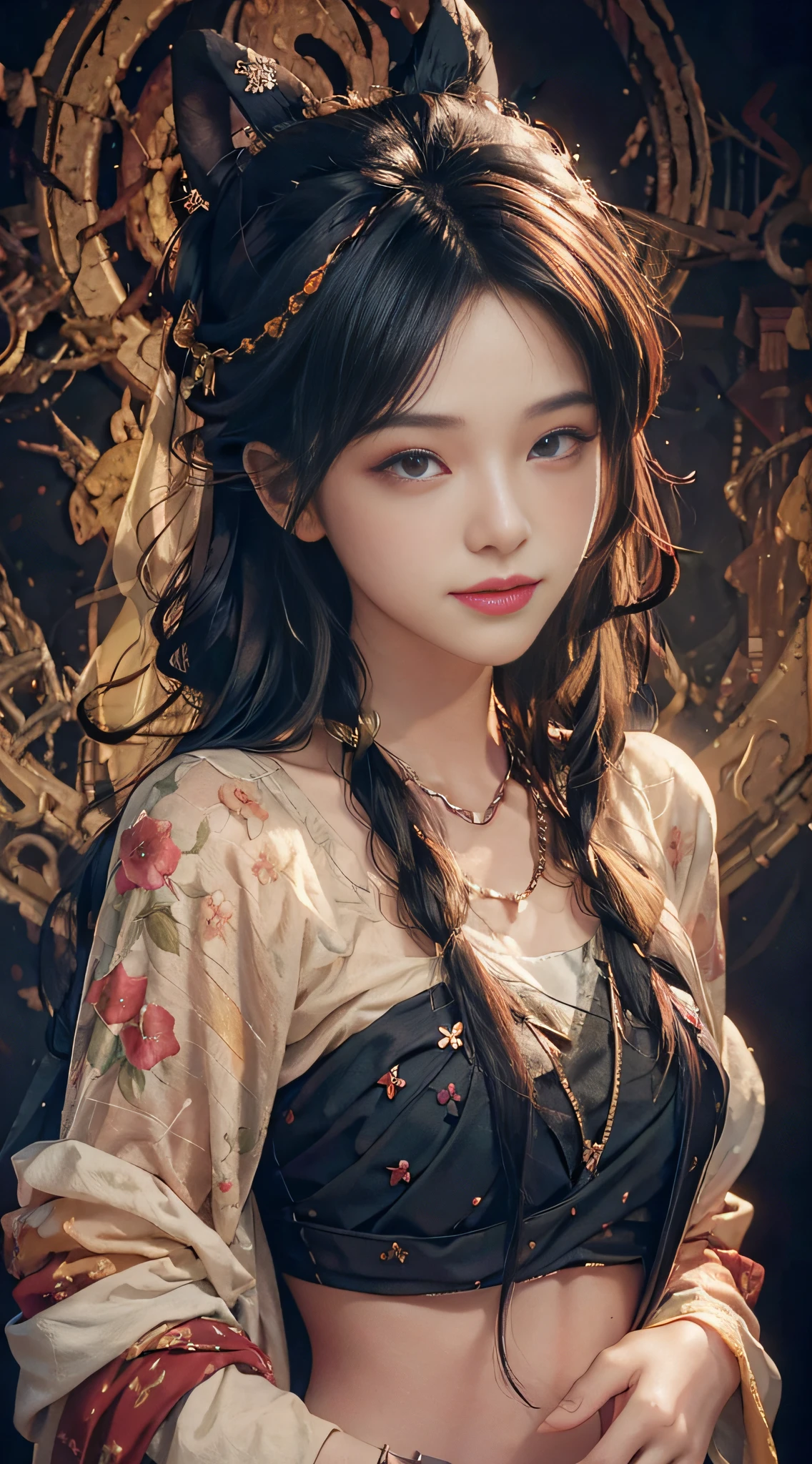 (Ultra Realistic), (Illustration), (Increased Resolution), (8K), (Extremely Detailed), (Best Illustration), (Beautiful and Detailed Eyes), (Best Quality), (Ultra Detailed), (Masterpiece ), ( wallpaper), (detailed face), solo, 1 girl, looking at viewer, fine details, detailed face, in the dark, deep shadows, low key, pureerosfaceace_v1, smiling, long hair, black shawl straight hair , 46 points oblique bangs