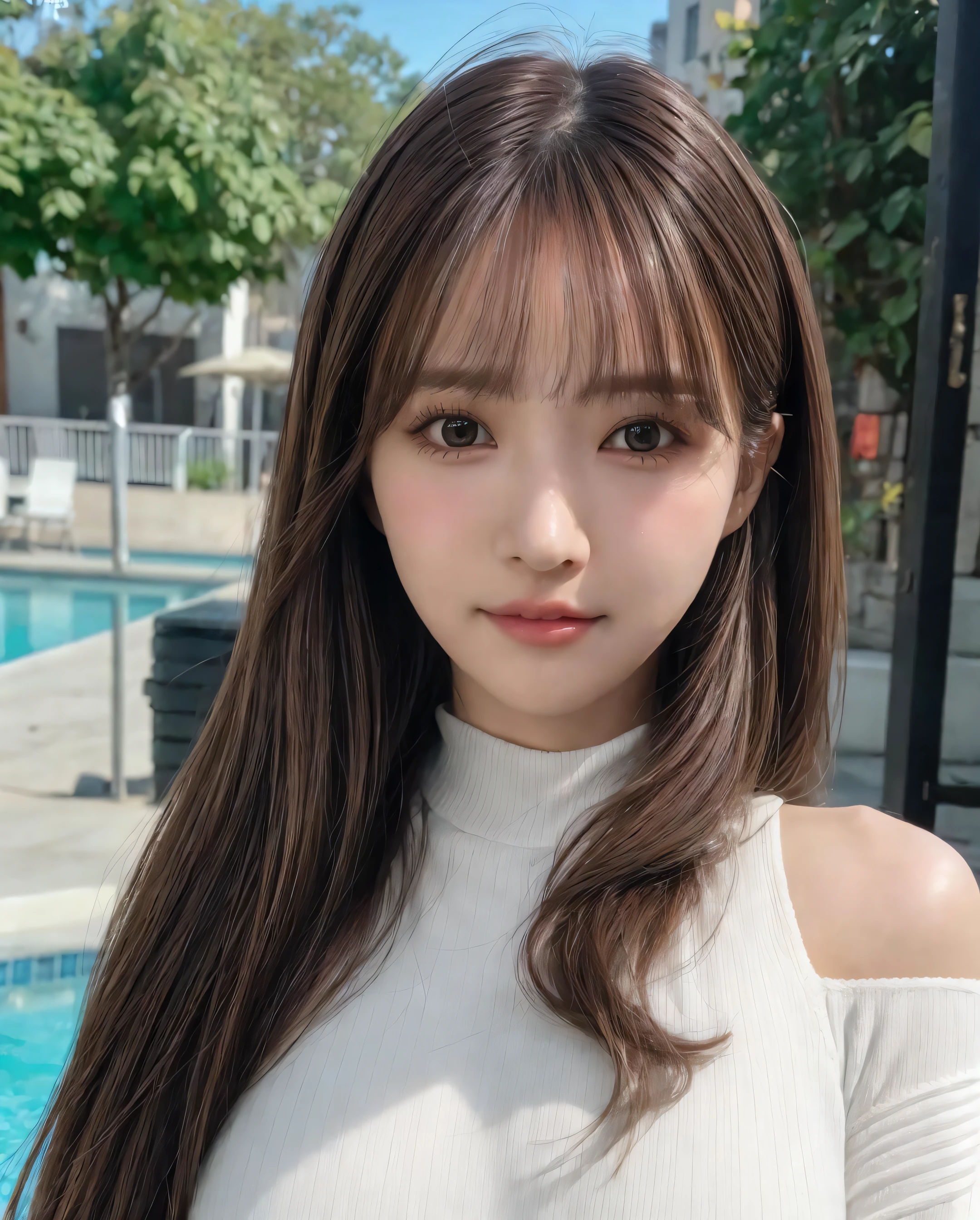 pureerosface_v1, best quality, photorealistic, 8k, high res, 1girl, woman, (skindentation), (portrait:0.6), gorgeous, dynamicpose, ((poolsidebackground:1.6)), coconut tree, ((mediumsize roundbreast, white highnecksweater:1.4)), straight-looking at viewer:1.8, (1girl eyes looking at viewer, medium-length hair, brownhair, partedbangs:1.65), (bokeh), smile:1.2, (closed mouth:1.16),