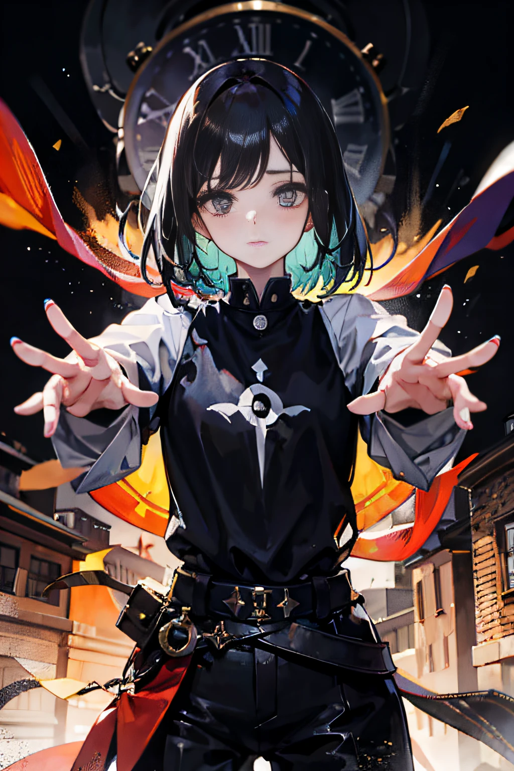Baticano Inquisitor, style of a S.C.P. agent, has a stan with the letters SCP on her clothes, masterpiece, best quality, highres, watercolor painting theme, (looking at the viewer: 1.1) creative hair, city streets, eye of with the hands of the clock, sad lighting, blush, waist shot, albino skin, detailed details of the face, dynamic pose, wallpaper, edge lights, by Studio Ghibli, erotic