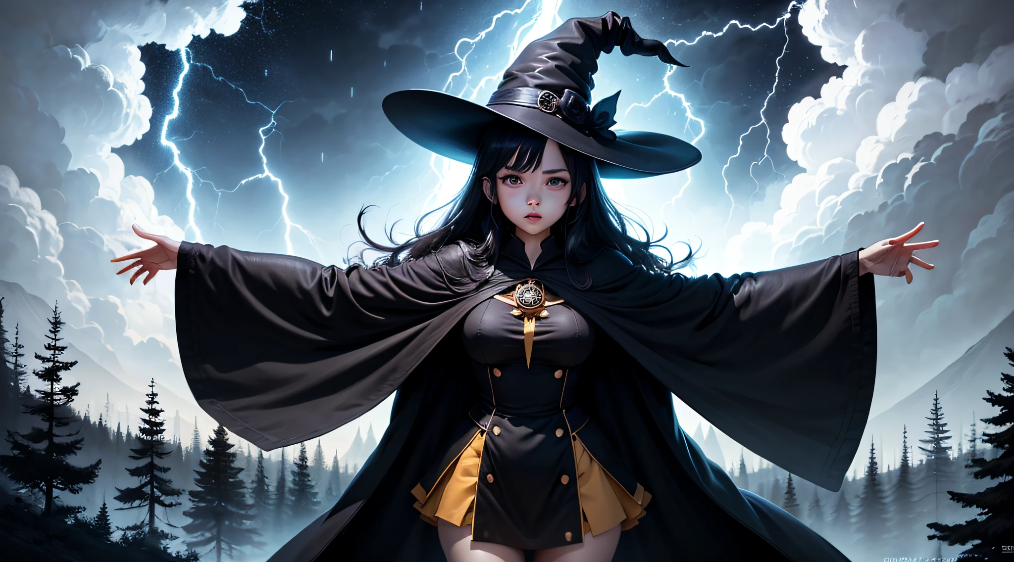 witch with black cape and hat standing in front of a forest, black - haired mage, beautiful sorceress, pretty sorceress, a beautiful sorceress, classical witch, supervillain sorceress witch, dark witch character, sorceress, beautiful witch female, fashionable dark witch, dark witch, witch, flirty anime witch casting magic