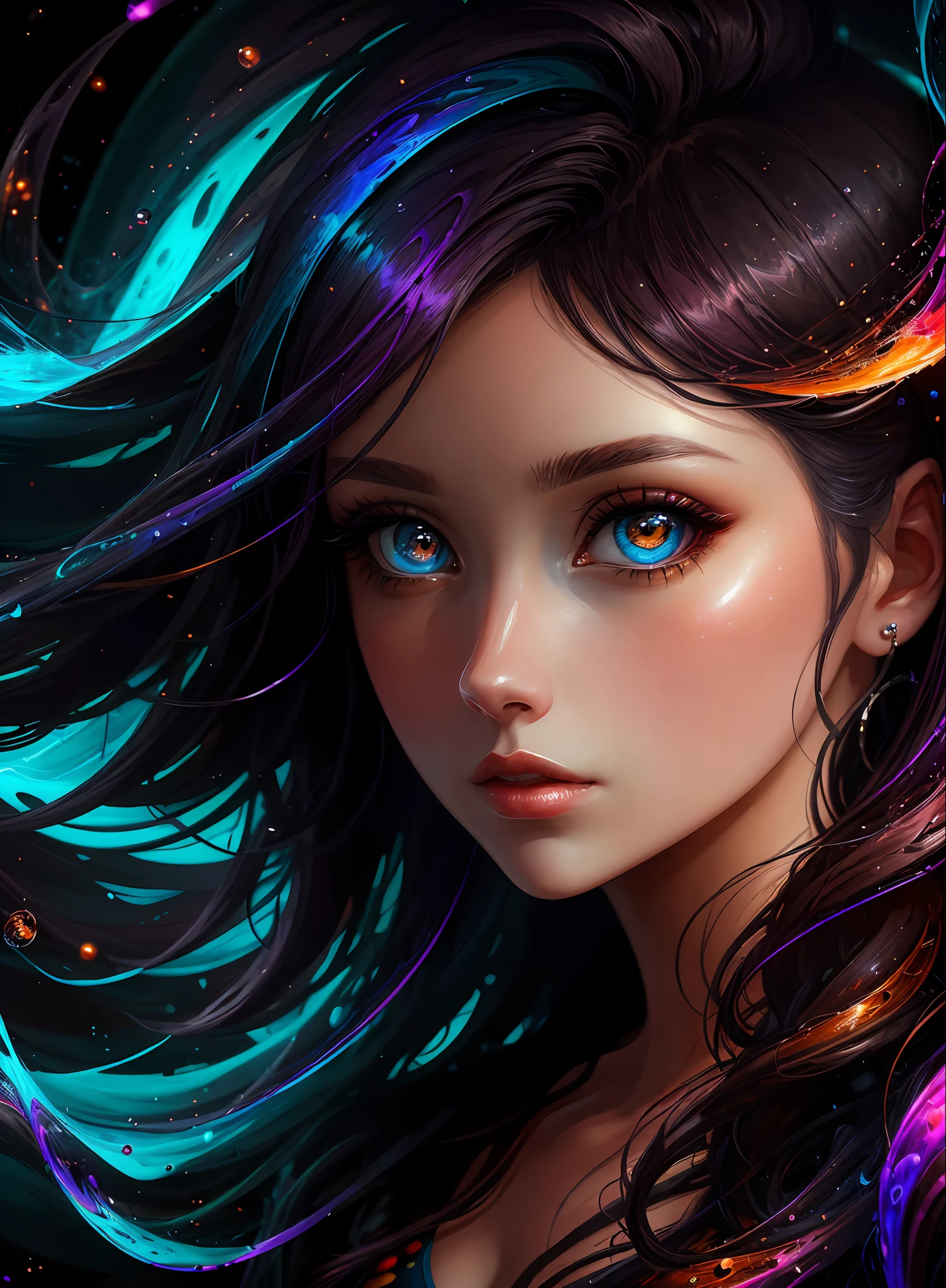 ((Best Quality)), ((Masterpiece)), (Real), (Details), (Details), (1 Woman) close-up portrait of woman with colorful hair, dreamy beautiful woman, 4K high-definition digital art, stunning digital illustration, stunning 8K artwork, colorful digital fantasy art, colorful and dark, beautiful digital artwork, colorful digital painting, Digital Anime Art, Portrait of Girl with Bright Waves, 8K HD Digital Wallpaper Art, Gorgeous Digital Painting