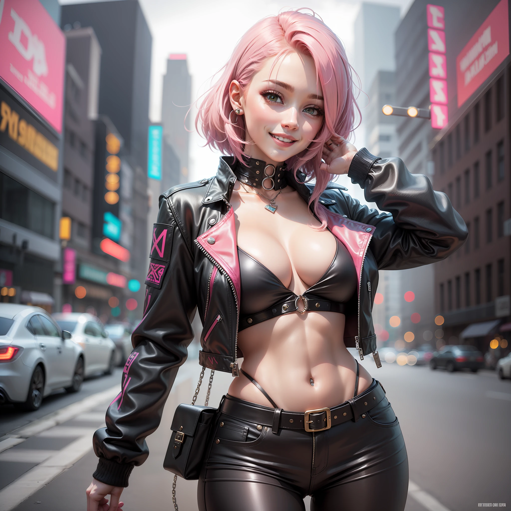 Cyberpunk Girl Leather Jacket Smile Pink Hair Big Tits Beautiful Girl Leather Pants Top Quality Masterpiece Masterpiece Girl Girl Leather Jacket Smile Pink Hair Leather Pants