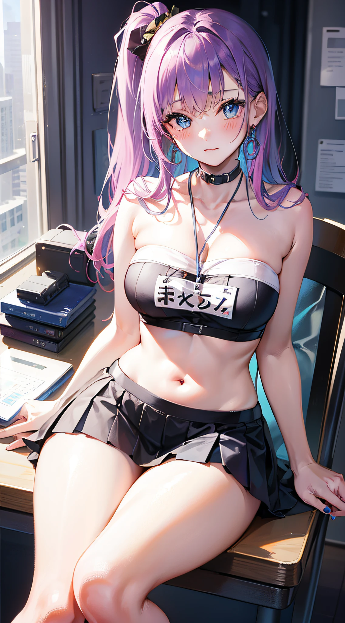 7th March, 7th_march, 1 girl, solo, ((bandeau)),(transparent:1.2), fair thighs, breasts, big breasts, hip skirt, office background, black skirt, pleated skirt, mall, ponytail, blue earrings, room, long hair, looking at the audience, pink short nails, blue eyes, solo, thighs, thighs, thighs, (white silk: 1.2), ((masterpiece: 1.1)), sitting, chair, computer on table, name tag, ID tag, interior, blush, sexy pose, Hands behind your back