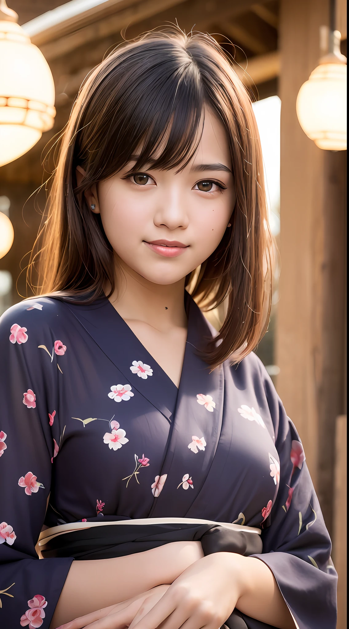 (8k, RAW photos, best quality, high resolution: 1.1), (ultra-realistic: 1.4), (realistic, photorealistic: 1.3), soft light, girl, 16 years old, Japan person, realistic face, realistic body, realistic skin, , absurdity, masterpiece, (cute: 1.8), cuties, solo, (yukata: 1.2), detailed black eyes, innocent eyes, cheeks, (long hair: 1.2), Cinema Light, Film Grain, ((Big: 1.1)), Cherry Colored Lips, Close-up, Look Viewer, Upper Body, Open Lips, Upper Teeth, (Smiling Eyes: 0.6), ((grinning: 1.2)), Depth of Field, Blurred Background, Eye Focus, Bokeh, Japan Summer Festival, Shrine, 85mm Lens, f/1.4, Professional Lighting, Young, Portrait, Photon Mapping, Radiosity, Physically Based Rendering