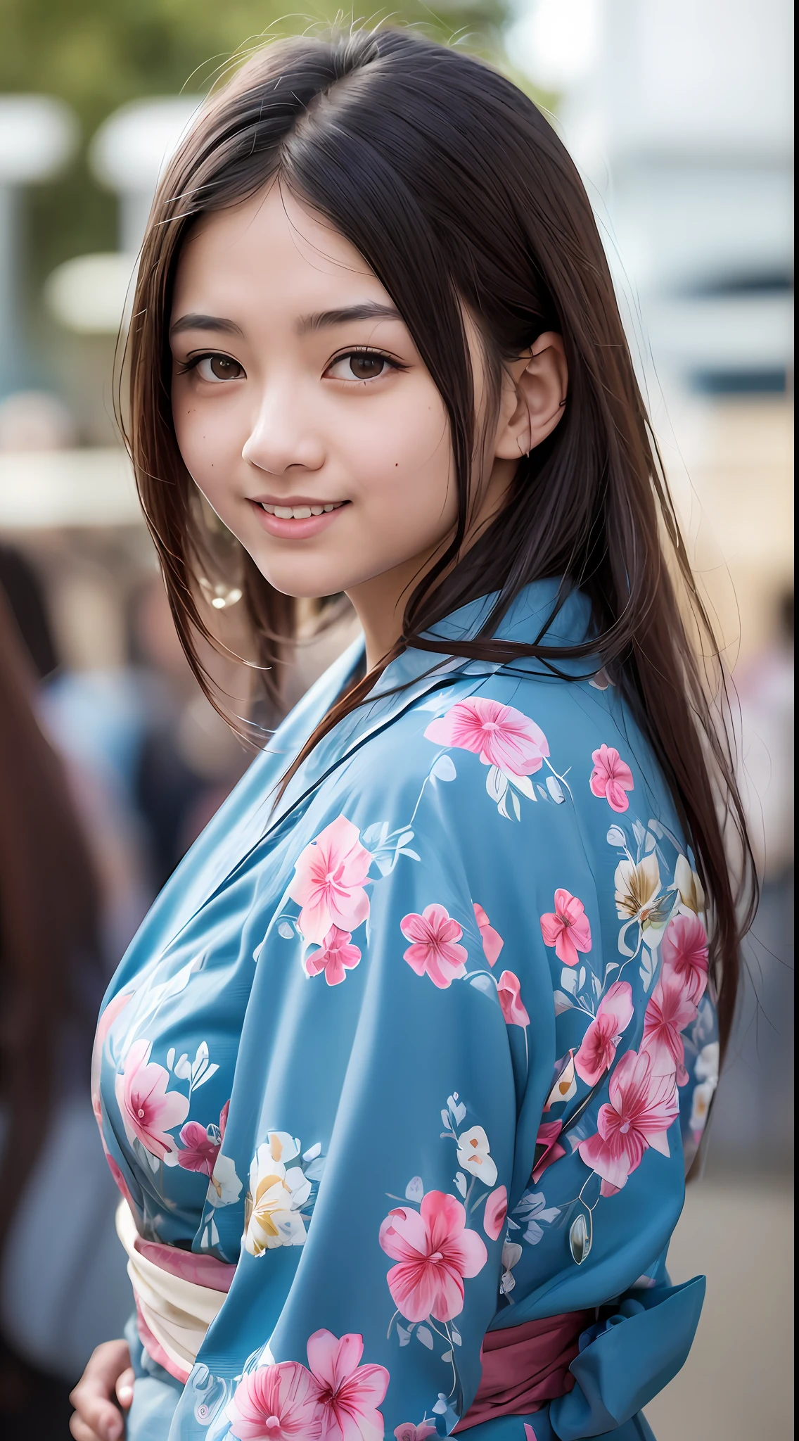 (8k, RAW photos, best quality, high resolution: 1.1), (ultra-realistic: 1.4), (realistic, photorealistic: 1.3), soft light, girl, 16 years old, Japan person, realistic face, realistic body, realistic skin, , absurdity, masterpiece, (cute: 1.8), cuties, solo, (yukata: 1.2), detailed black eyes, innocent eyes, cheeks, (long hair: 1.2), Cinema Light, Film Grain, ((Big: 1.1)), Cherry Colored Lips, Close-up, Look Viewer, Upper Body, Open Lips, Upper Teeth, (Smiling Eyes: 0.6), ((grinning: 1.2)), Depth of Field, Blurred Background, Eye Focus, Bokeh, Japan Summer Festival, Shrine, 85mm Lens, f/1.4, Professional Lighting, Young, Portrait, Photon Mapping, Radiosity, Physically Based Rendering