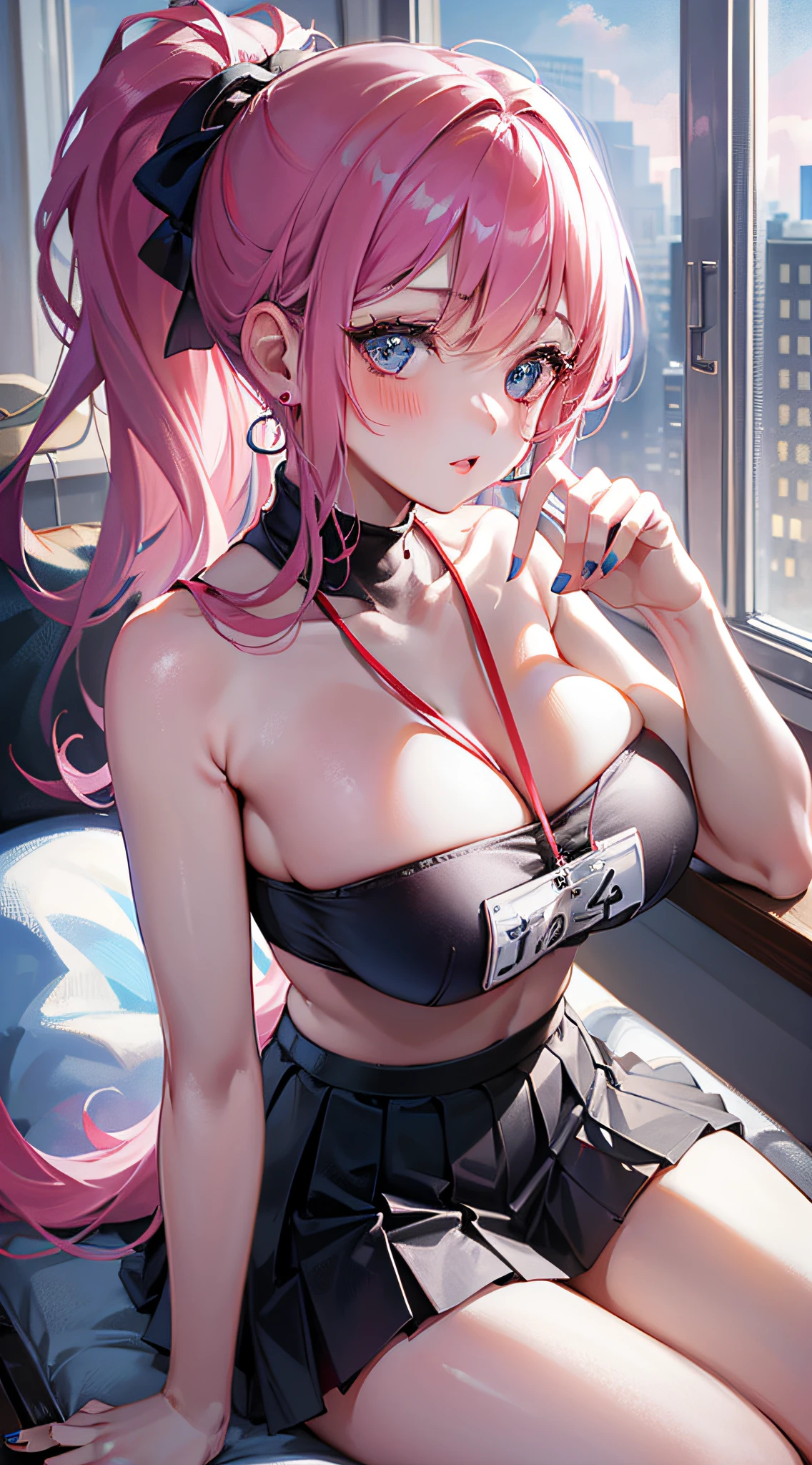 7th March, 7th_march, 1 girl, solo, ((bandeau)),(transparent:1.2), fair thighs, breasts, big breasts, hip skirt, office background, black skirt, pleated skirt, mall, ponytail, blue earrings, room, long hair, looking at the audience, pink short nails, blue eyes, solo, thighs, thighs, thighs, (white silk: 1.2), ((masterpiece: 1.1)), sitting, chair, computer on table, name tag, ID tag, interior, blush, sexy pose, Hands behind your back