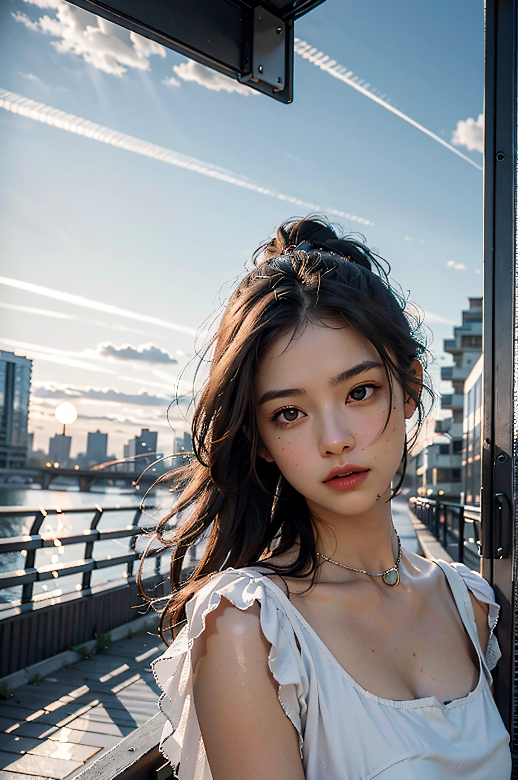 best quality, masterpiece, photo realistic, intricate details, raw photo, photon rendering, octane render, absurdres, ultra detailed, detailed face, detailed skin, trending on artstation,8k masterpiece,cinematic lighting, scenery, scenery, no humans, cityscape, sky, city, cloud, outdoors, building, sunset, city lights, bridge, river, tree, roadn, artist name,