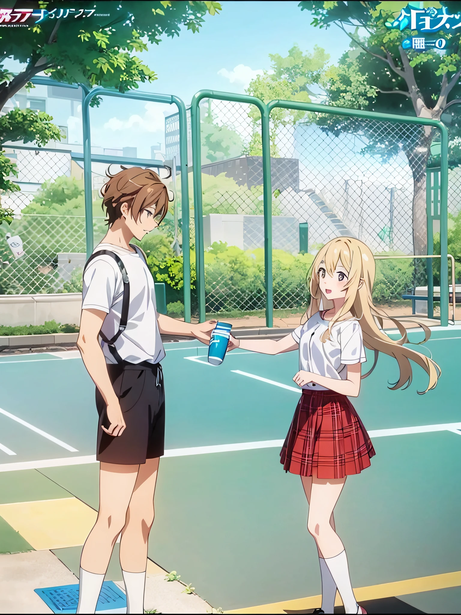 A man and a woman on the playground, girl gives anime image of boy water after sports, shoujo romance, boy after sports, boy in black and white sportswear high quality fan art, playground background, cutscenes, shoujo manga, life fragment anime, cutscene, animation screenshot, animated movie screenshot, official fan art, shoujo, playground, girl gives boy water stills from TV anime