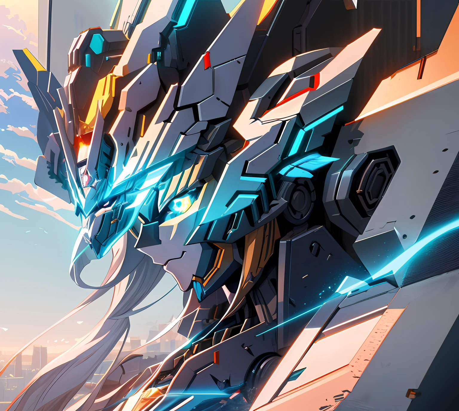 anime character with futuristic headgear and futuristic armor in a city, anime mecha aesthetic, detailed digital anime art, robot mecha female dragon head, wlop and krenz cushart, mecha asthetic, advanced digital anime art, anime robotic mixed with organic, female mecha, detailed anime artwork, mechanized valkyrie girl, by Krenz Cushart