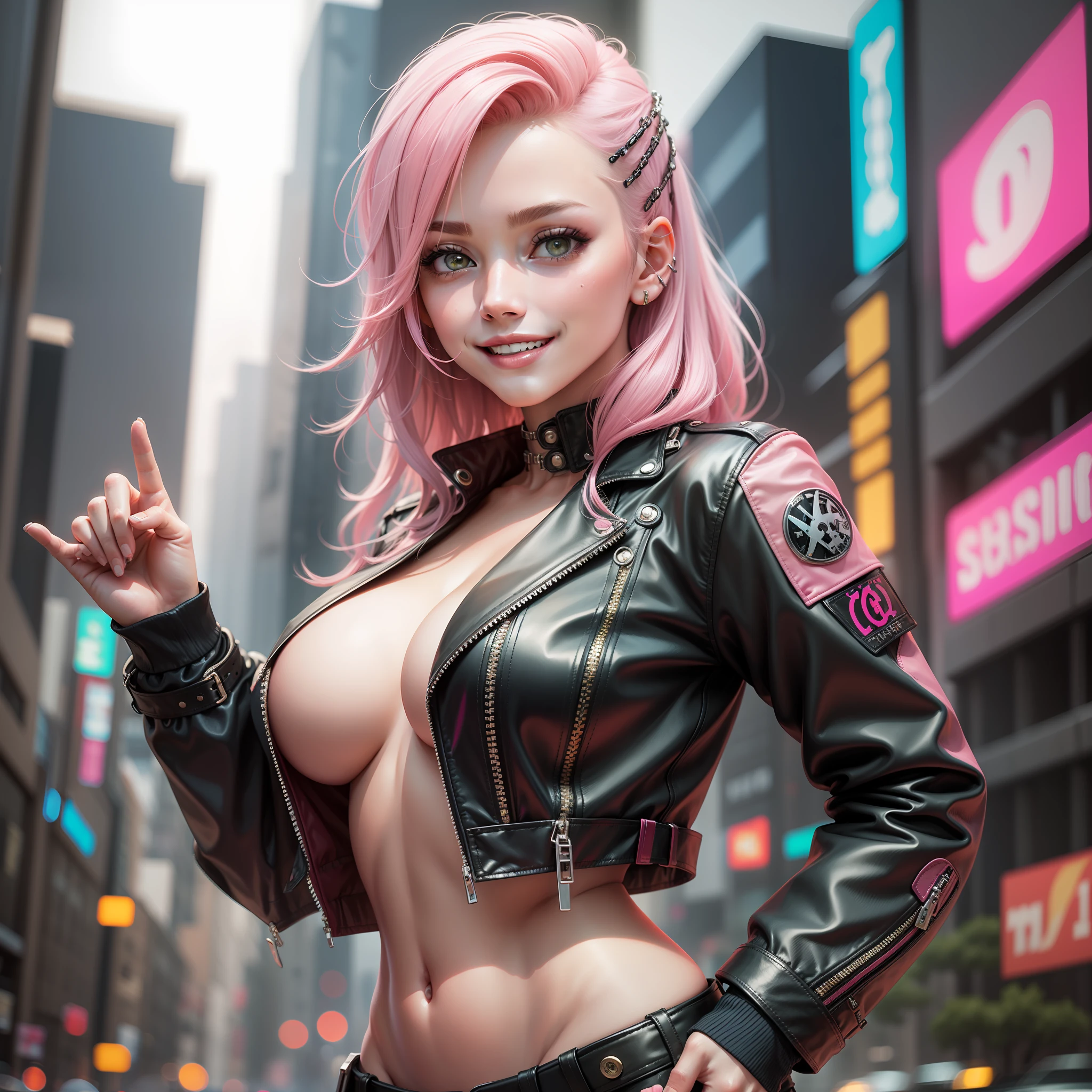 Cyberpunk Girl Leather Jacket Smile Pink Hair Big Tits Beautiful Girl Leather Pants Top Quality Masterpiece Masterpiece Girl Girl Leather Jacket Smile Pink Hair Leather Pants