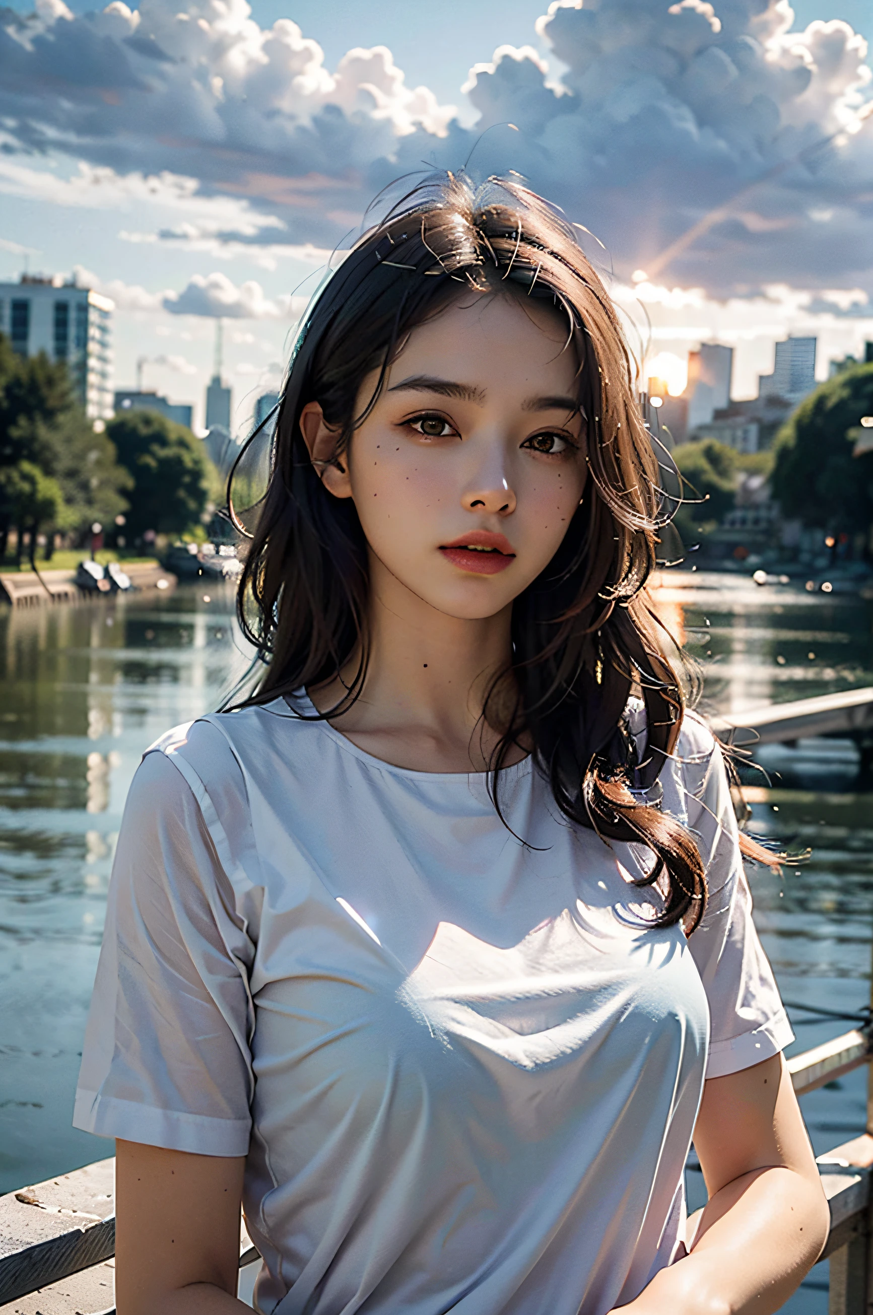 best quality, masterpiece, photo realistic, intricate details, raw photo, photon rendering, octane render, absurdres, ultra detailed, detailed face, detailed skin, trending on artstation,8k masterpiece,cinematic lighting, scenery, scenery, no humans, cityscape, sky, city, cloud, outdoors, building, sunset, city lights, bridge, river, tree, roadn, artist name,