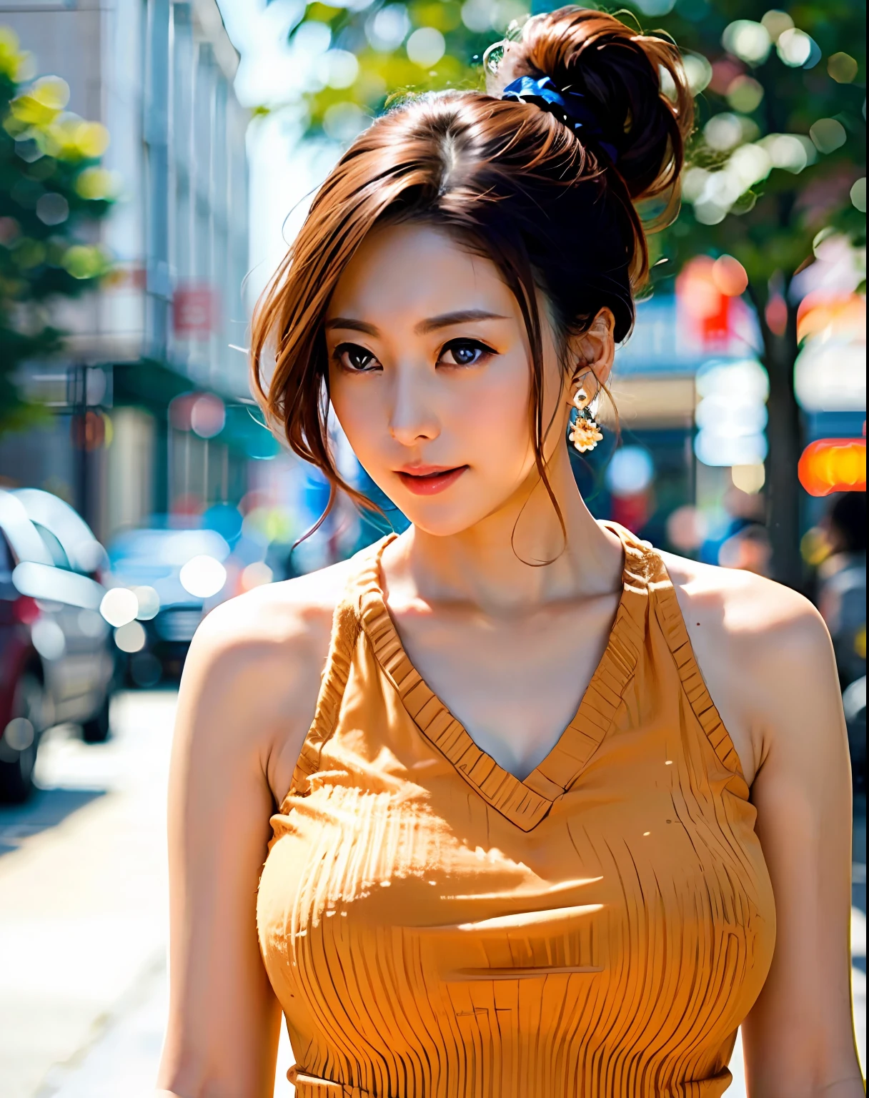 a woman posing on the street corner with orange dress on, best quality, 1girl, huge breasts, day, bright, blur background, bokeh, outdoor, (street:0.8), (people, crowds:1), (lace-trimmed dress:1.5, orange sleeveless dress, orange clothes:1.5, orange high-neck dress:1.5, orange dress: 1.5), gorgeous, (hair up:1.5), beautiful detailed sky, beautiful earrings, (dynamic pose:1), (upper body:0.8), soft lighting, wind, shiny skin,