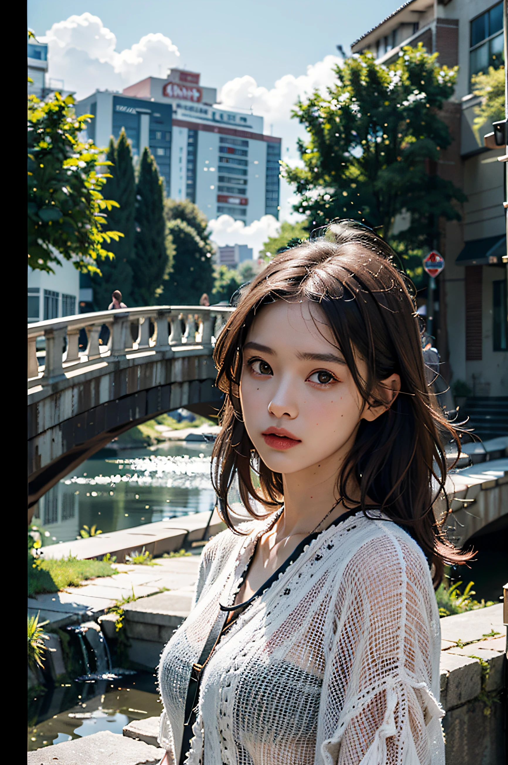 best quality, masterpiece, photo realistic, intricate details, raw photo, photon rendering, octane render, absurdres, ultra detailed, detailed face, detailed skin, trending on artstation,8k masterpiece,cinematic lighting, scenery, scenery, no humans, cityscape, sky, city, cloud, outdoors, building, sunset, city lights, bridge, river, tree, roadn, artist name,