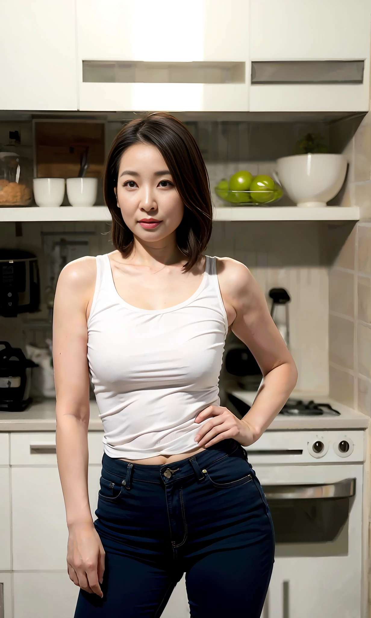 Woman in white tank top posing in kitchen wearing tank top, tank top and cottage core!! Fitness body, wearing tight simple clothes, wearing: tank top, wearing white camisole, tight fit tank top, tight shirt, wearing camisole, wearing jeans, pale milky porcelain skin, wearing tight shirt