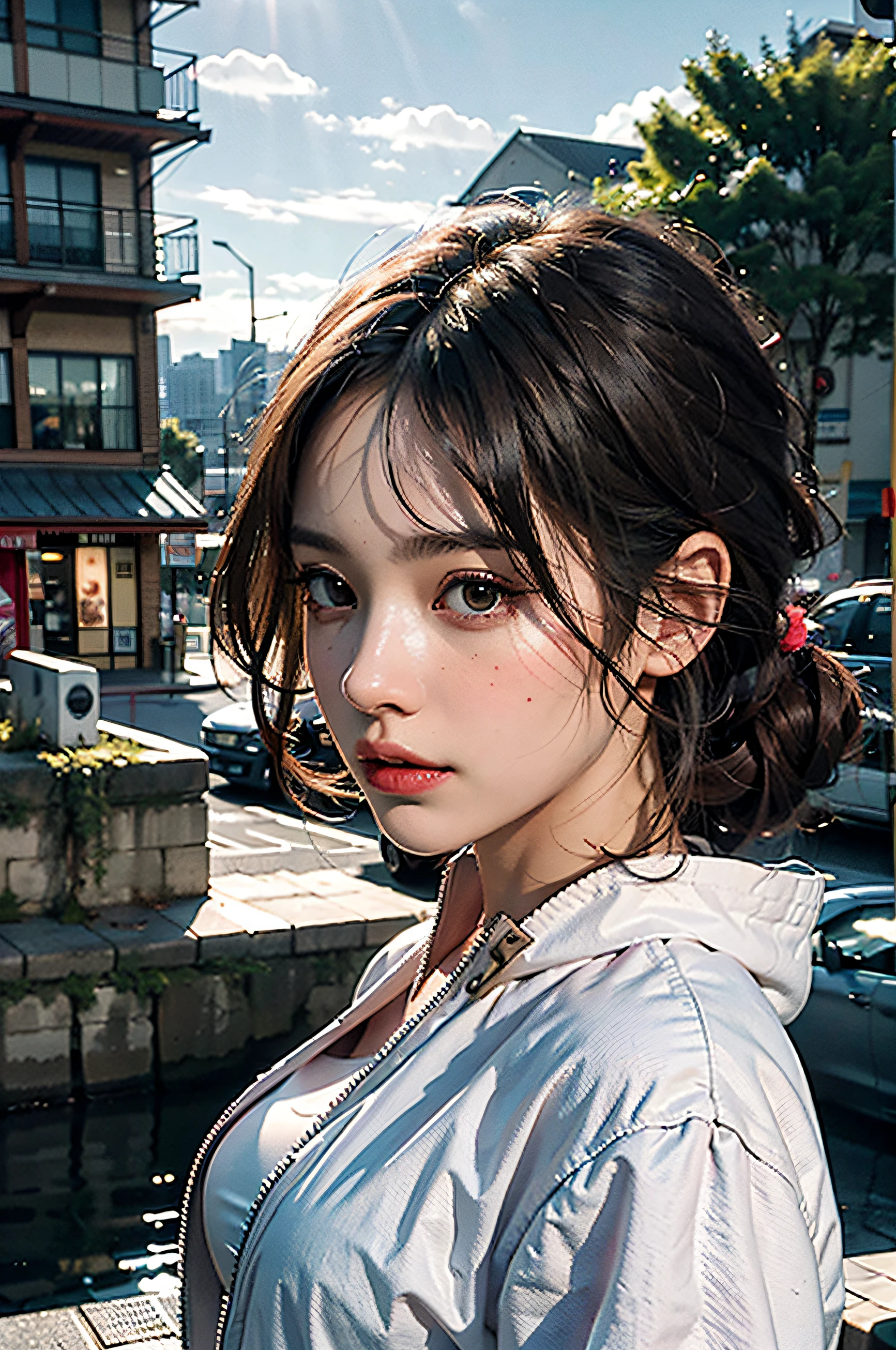 best quality, masterpiece, photo realistic, intricate details, raw photo, photon rendering, octane render, absurdres, ultra detailed, detailed face, detailed skin, trending on artstation,8k masterpiece,cinematic lighting, scenery, scenery, no humans, cityscape, sky, city, cloud, outdoors, building, sunset, city lights, bridge, river, tree, roadn, artist name,