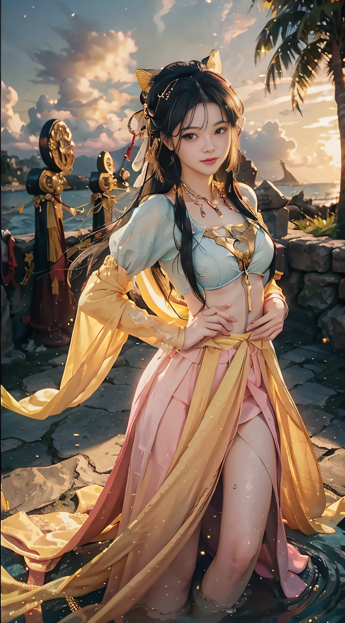 Best quality (from above), masterpiece, realistic photo, intricate detail, raw photo, photon rendering, octane rendering, ridiculous, super detailed, detailed face, detailed skin, trends on artstation, 8k masterpiece, cinematic lighting, ((1girl)), ((solo)), ((looking_at_viewer)), CG society, plasticien, ((black long hair)), (( beautiful woman)), (Smile), sexy lingerie, lingerie, (a beautiful girl, anime style girl, blue eyes, long black hair, wearing light yellow, shiny, long sleeves, open chest, long skirt swimsuit, pink, white, and yellow, heart pose above, hands on hips, in front of the beach and bright blue sky, clouds above, palm trees in the background on both sides of the picture, and a lot of blue and yellow fish swimming around in the sea, and a police helicopter with lights flew over the girl's head)