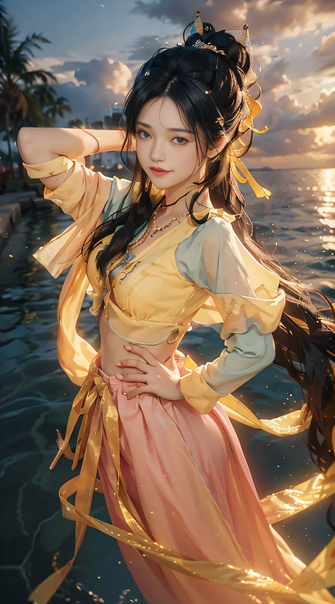 Best quality (from above), masterpiece, realistic photo, intricate detail, raw photo, photon rendering, octane rendering, ridiculous, super detailed, detailed face, detailed skin, trends on artstation, 8k masterpiece, cinematic lighting, ((1girl)), ((solo)), ((looking_at_viewer)), CG society, plasticien, ((black long hair)), (( beautiful woman)), (Smile), sexy lingerie, lingerie, (a beautiful girl, anime style girl, blue eyes, long black hair, wearing light yellow, shiny, long sleeves, open chest, long skirt swimsuit, pink, white, and yellow, heart pose above, hands on hips, in front of the beach and bright blue sky, clouds above, palm trees in the background on both sides of the picture, and a lot of blue and yellow fish swimming around in the sea, and a police helicopter with lights flew over the girl's head)