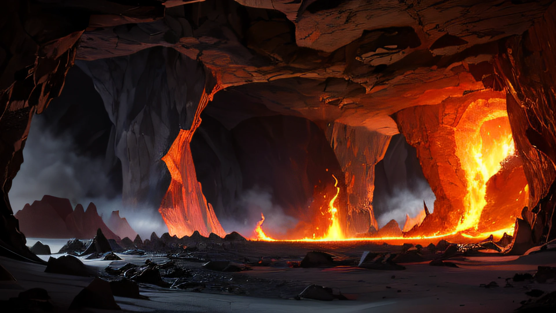 Cave of lava and fire at the end of the world, ((Extreme Wide Shot)), Tone Mapping, Dramatic Lighting, (8k resolution), 8k, 8kres, best composition, landscape, ancient wonders, masterpiece, best quality, wallpaper, best lighting