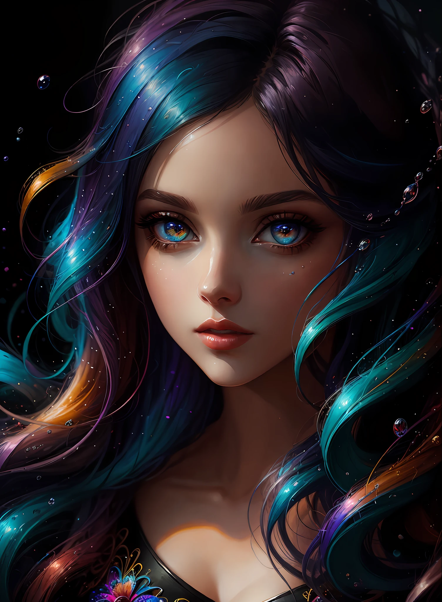 ((Best Quality)), ((Masterpiece)), (Real), (Details), (Details), (1 Woman) close-up portrait of woman with colorful hair, dreamy beautiful woman, 4K high-definition digital art, stunning digital illustration, stunning 8K artwork, colorful digital fantasy art, colorful and dark, beautiful digital artwork, colorful digital painting, Digital Anime Art, Portrait of Woman with Bright Waves, 8K HD Digital Wallpaper Art, Gorgeous Digital Painting