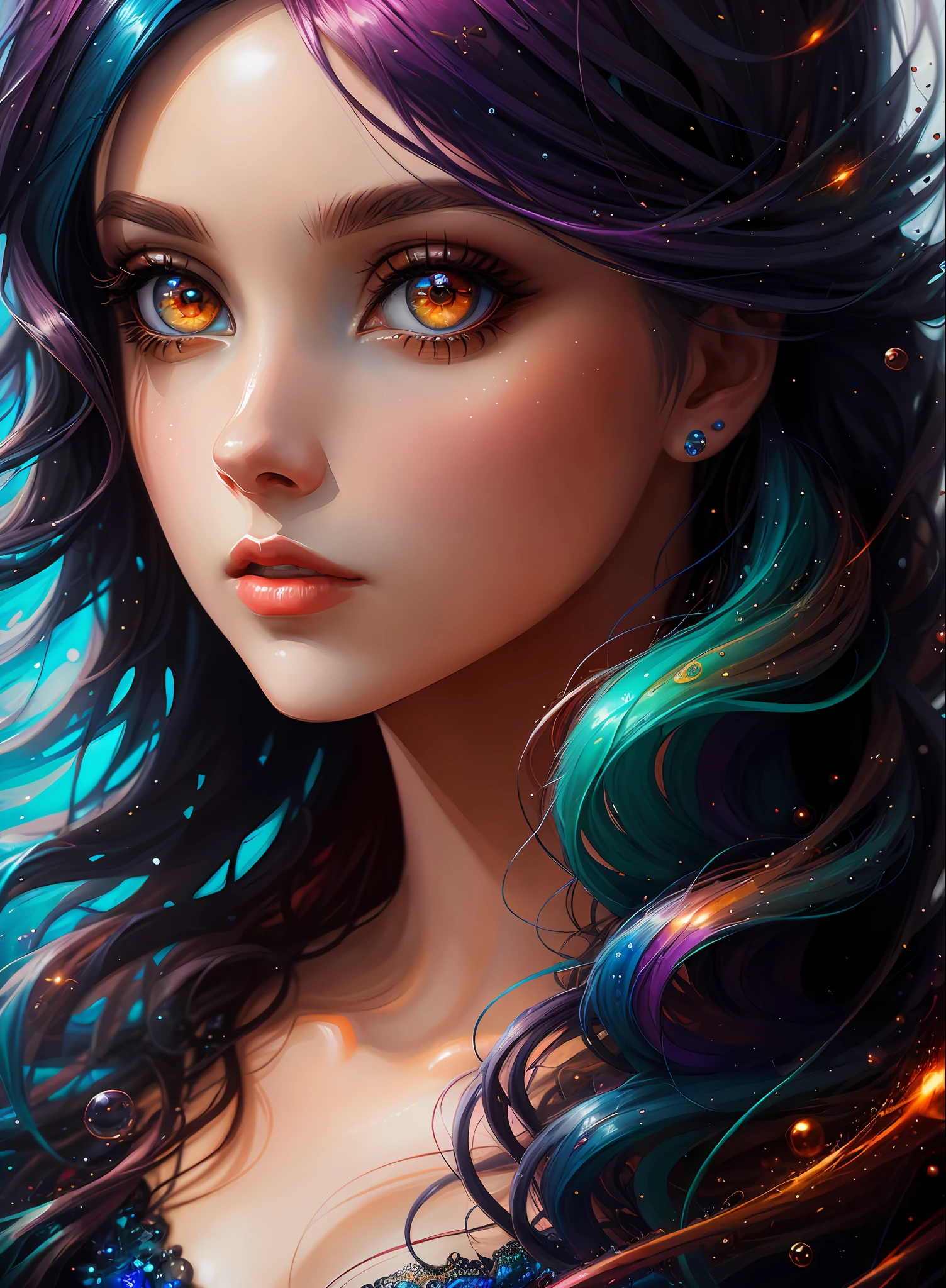 ((Best Quality)), ((Masterpiece)), (Real), (Details), (Details), (1 Woman) close-up portrait of woman with colorful hair, dreamy beautiful woman, 4K high-definition digital art, stunning digital illustration, stunning 8K artwork, colorful digital fantasy art, colorful and dark, beautiful digital artwork, colorful digital painting, Digital Anime Art, Portrait of Woman with Bright Waves, 8K HD Digital Wallpaper Art, Gorgeous Digital Painting
