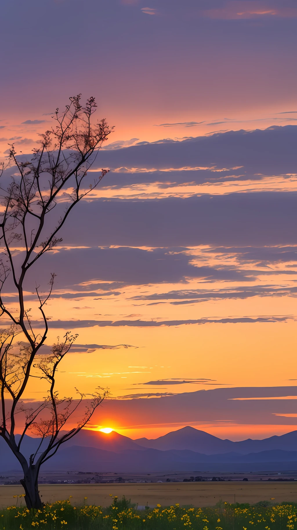 The close-up view is a few branches There are blooming acacia flowers on the branches False focus Look through the acacia flowers Sunset and sunset in the distance The sunset is orange-yellow The sunset is red There are mountains in the distance The horizon to the foot is an endless grassland full of small flowers, a sense of atmosphere, Tyndall light on the clouds