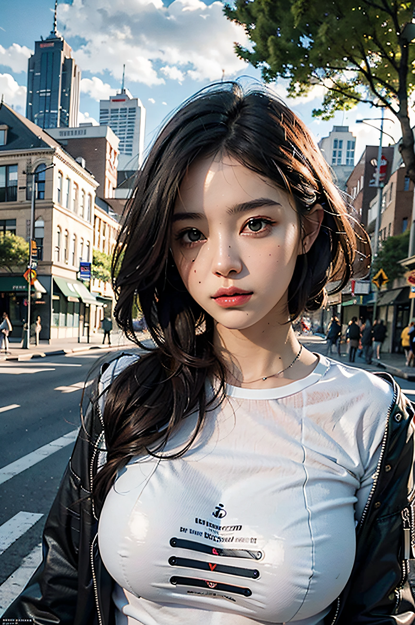 best quality, masterpiece, photo realistic, intricate details, raw photo, photon rendering, octane render, absurdres, ultra detailed, detailed face, detailed skin, trending on artstation,8k masterpiece,cinematic lighting, scenery, scenery, no humans, cityscape, sky, city, cloud, outdoors, building, sunset, city lights, bridge, river, tree, roadn, artist name,