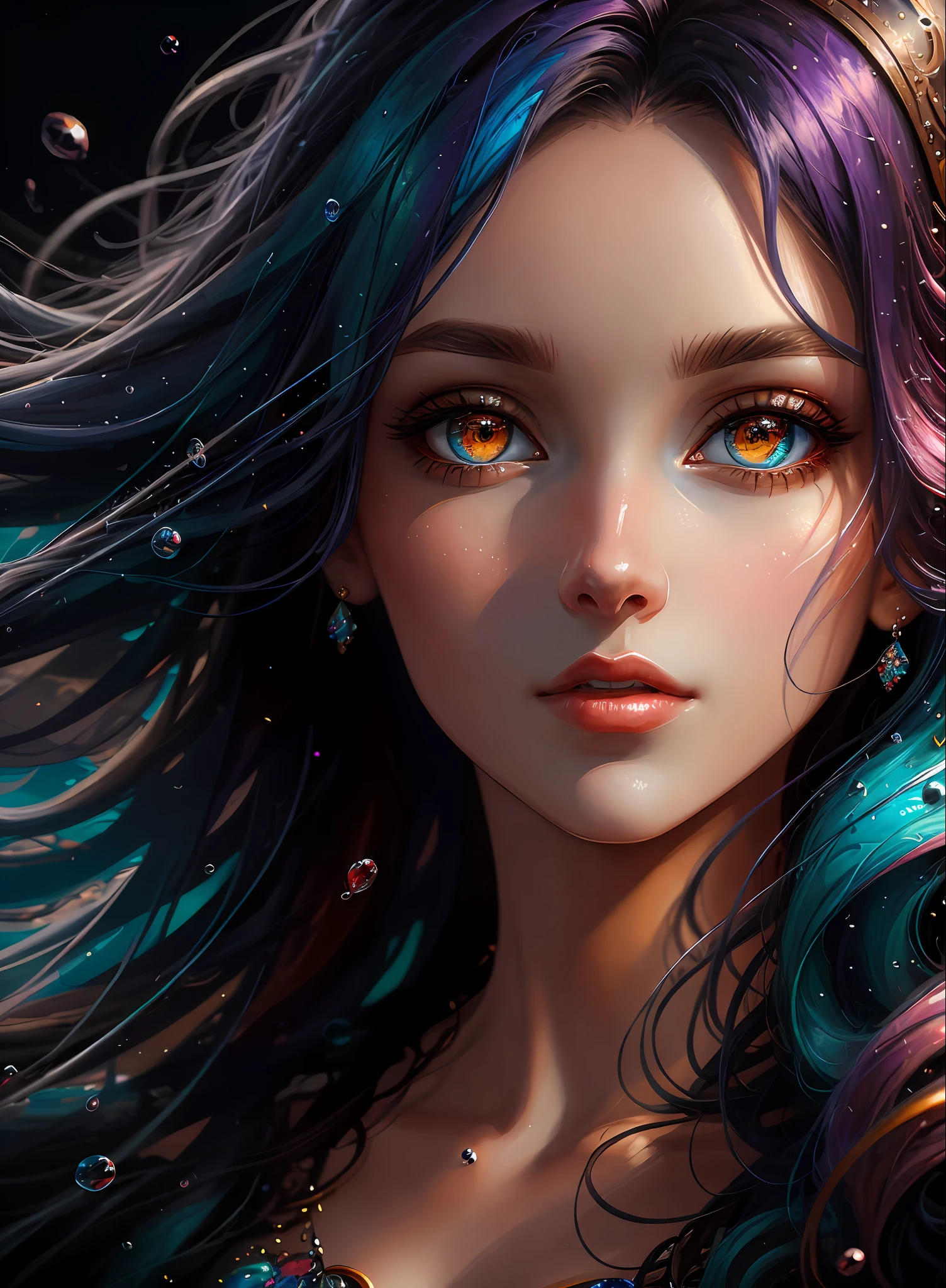 ((Best Quality)), ((Masterpiece)), (Real), (Details), (Details), (1 Woman) close-up portrait of woman with colorful hair, dreamy beautiful woman, 4K high-definition digital art, stunning digital illustration, stunning 8K artwork, colorful digital fantasy art, colorful and dark, beautiful digital artwork, colorful digital painting, Digital Anime Art, Portrait of Woman with Bright Waves, 8K HD Digital Wallpaper Art, Gorgeous Digital Painting