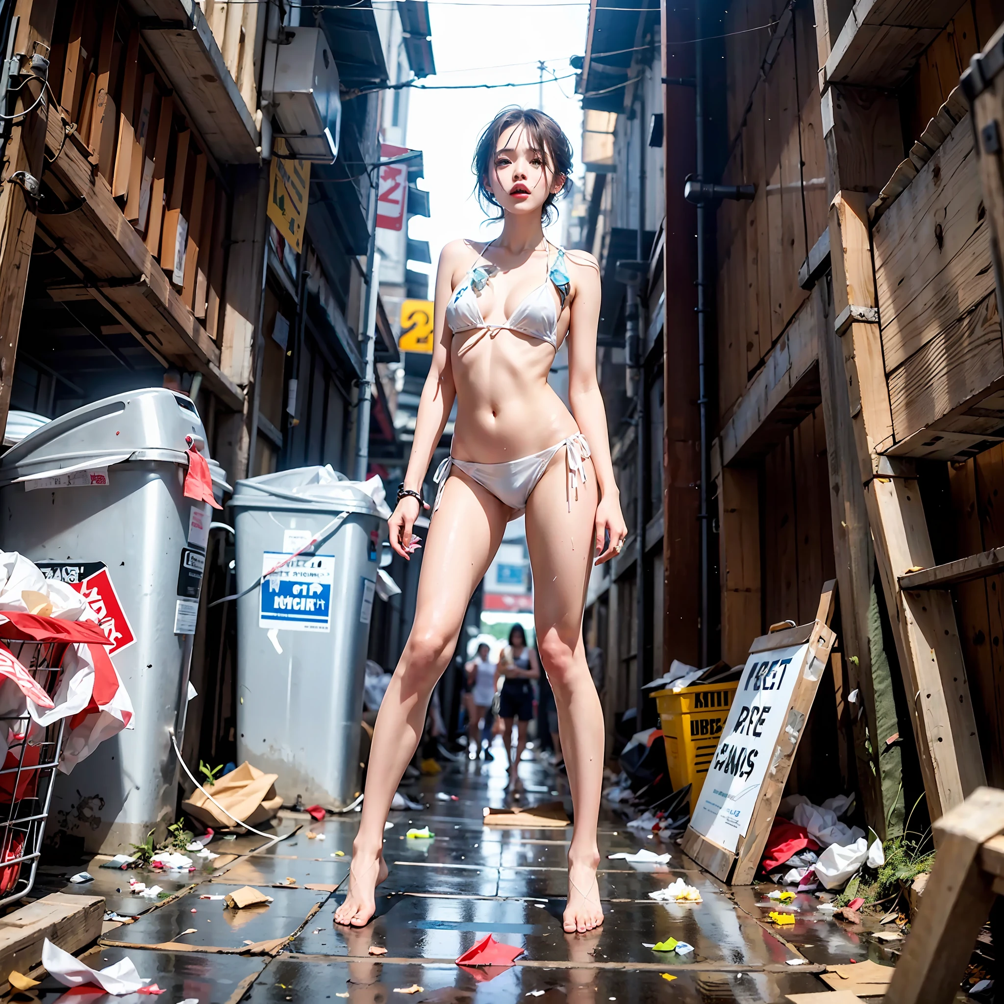 Garbage heap, many, many men, people coming and going, crowds, best quality, full body portrait (1:1), delicate face, 18 year old girl, slim body, skinny, smaller bust, white transparent bikini, looming, panties to crotch, barefoot, full body and face,,, garbage, sweat, white viscous liquid