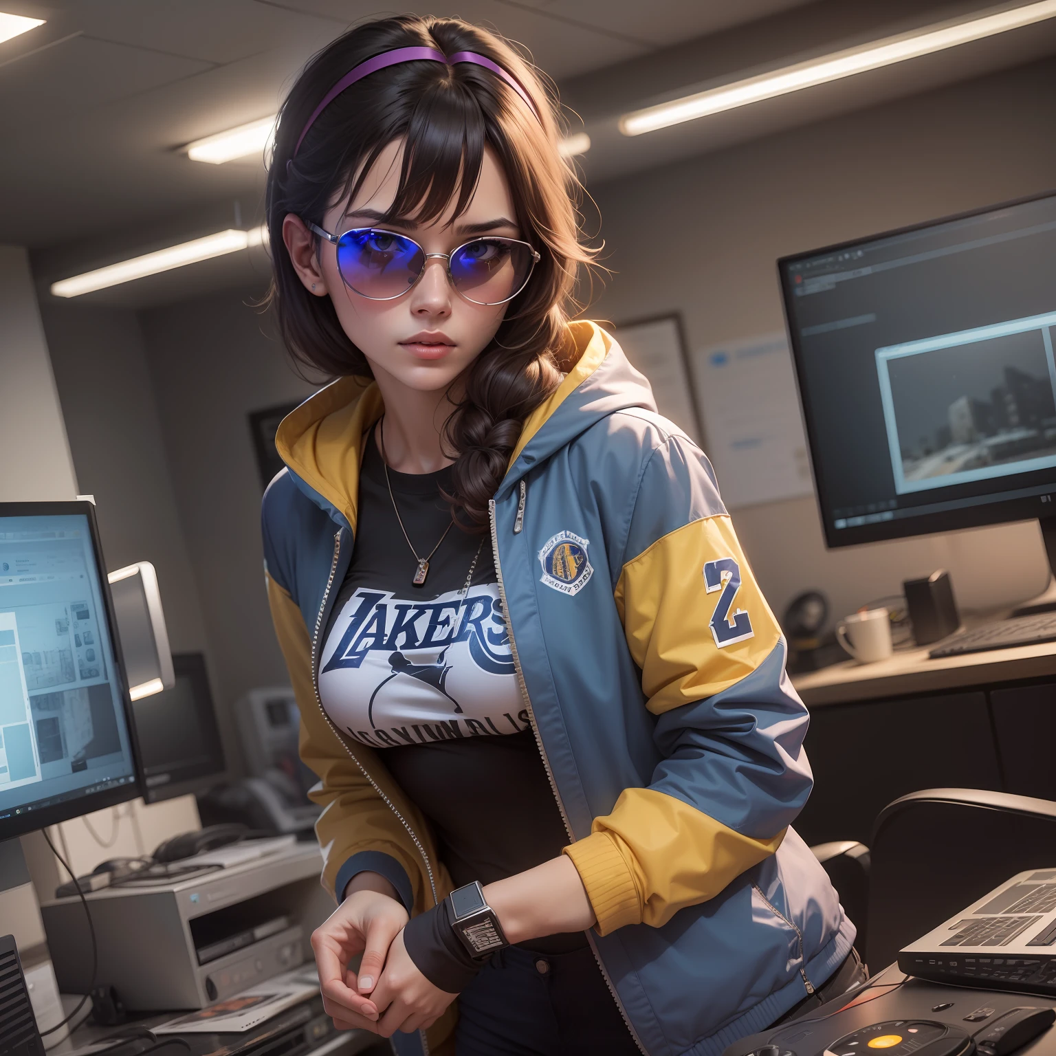 "A Brazilian woman, with an attractive body, with a basquet jacket with the colors of the Lakers, sunglasses, standing in a gamer room. The environment is dark, with lighting that highlights the shadows. The scene conveys an intense sense of loneliness and isolation. Equipment and distant lights are obscured by the night, producing trails of colorful and vibrant lights in the background. The camera is positioned at a dynamic angle, as if it were a film shot, giving a sense of action and suspense."