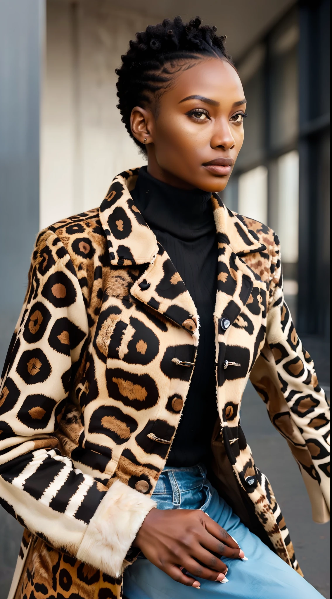 (((A black model with African facial features))) in elegant photomodel pose for digital magazine Editorial Editorial Magazine, ((wearing winter clothes)), (((turtleneck shirt and overcoat)))com((full jaguar print)), realistic print, symmetrical, detailed, haute couture, ultra detailed finishes, cute look, intricate details, photo editorial style of magazine cover, high fashion, apply editorial environment, masterpiece, highest quality, ultra detailed, high def,