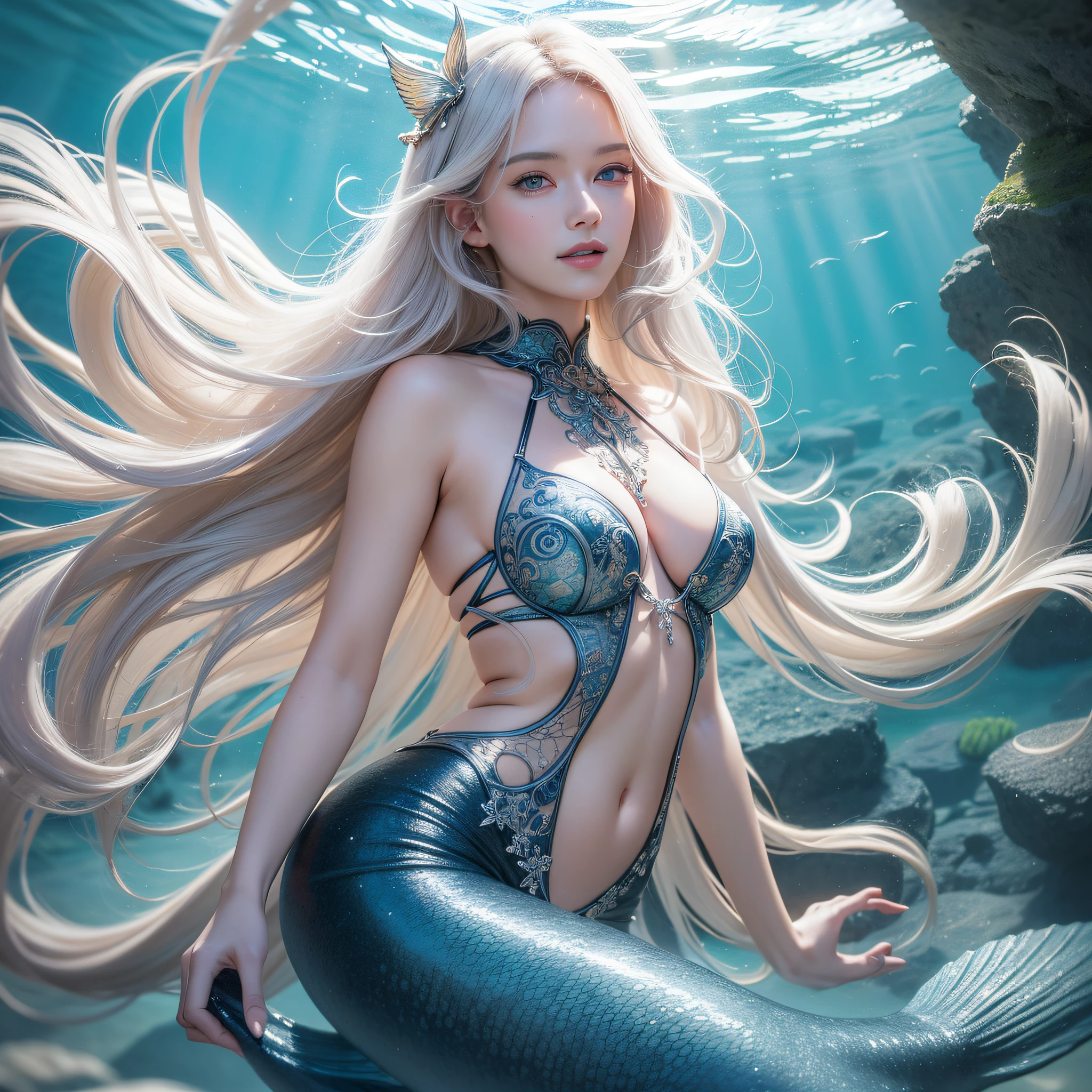 (Undersea: 1), Morning , (Mermaid: 1), Long white wavy hair, dark blue eyes, 1 girl, 20 years old, smile, (realistic), (Intricate details: 1.2), (Masterpiece: 1.3), (Best quality: 1.4), (Ultra High resolution: 1.2), Ultra High resolution, (Detailed eyes), (Detailed facial features), HDR, 8k resolution, (Lens glare: 0.7), Long legs