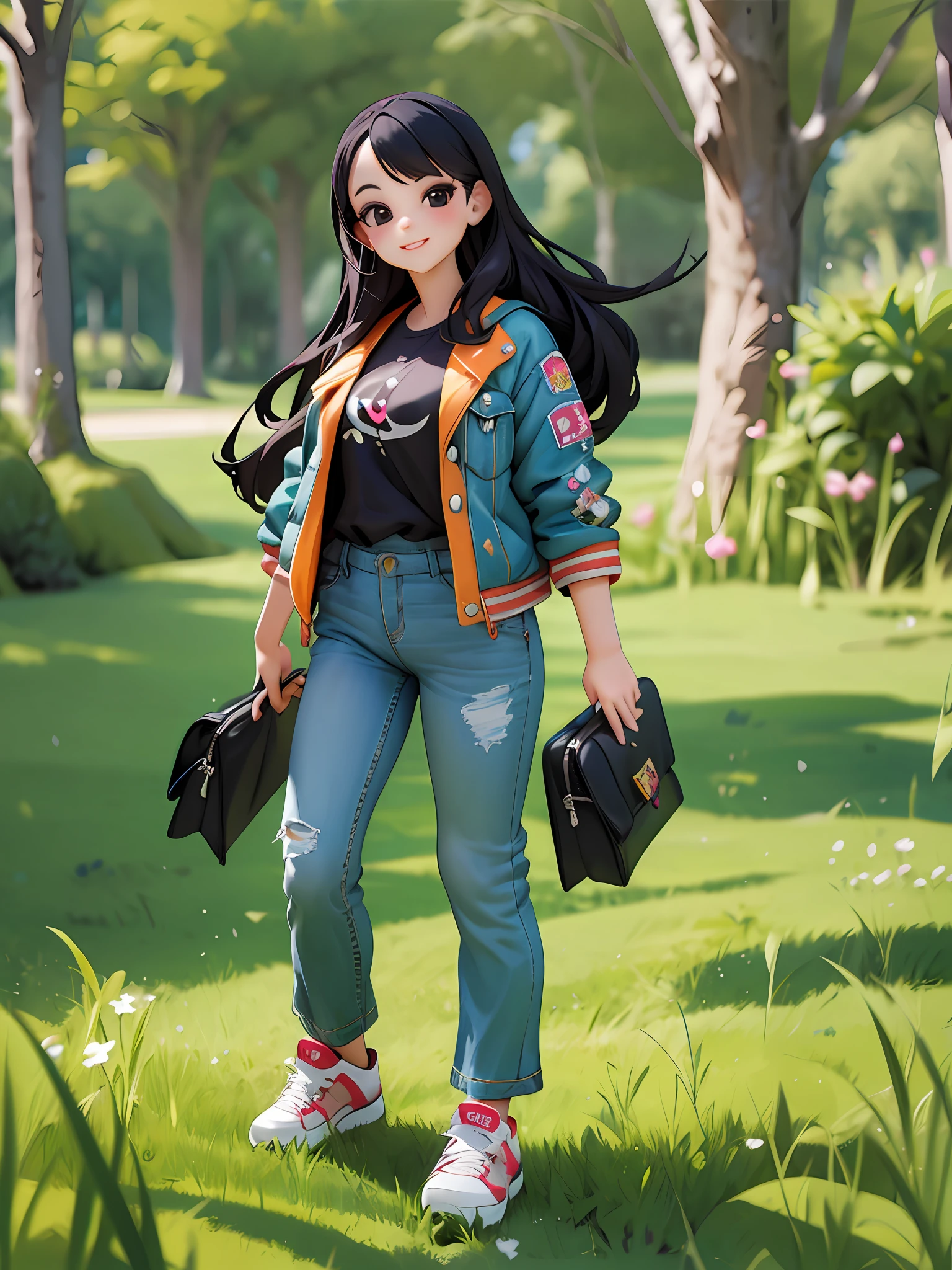 woman appeared to be between 21 and 23 years old, with black eyes and a smile,standing, stepping on a green lawn, intensely black hair, hyper detailed hair, with orthodontic braces on the teeth, rounded face, denim jacket, black shirt, black pants,beautiful detailed digital art, digital cartoon painting, cute portrait, realistic cute girl painting, girl portrait, realistic art style, realistic art style, 4k realistic digital art, 4k realistic digital art, stunning art style, digital painting style, photorealistic art style, beautiful digital art, cartoon art style, long hair, side bangs,extremely important to be full body, standing, looking at the viewers, 🤤 striking black eyes, long eyelashes, black eyelashes, on the feet sneakers in jeans.