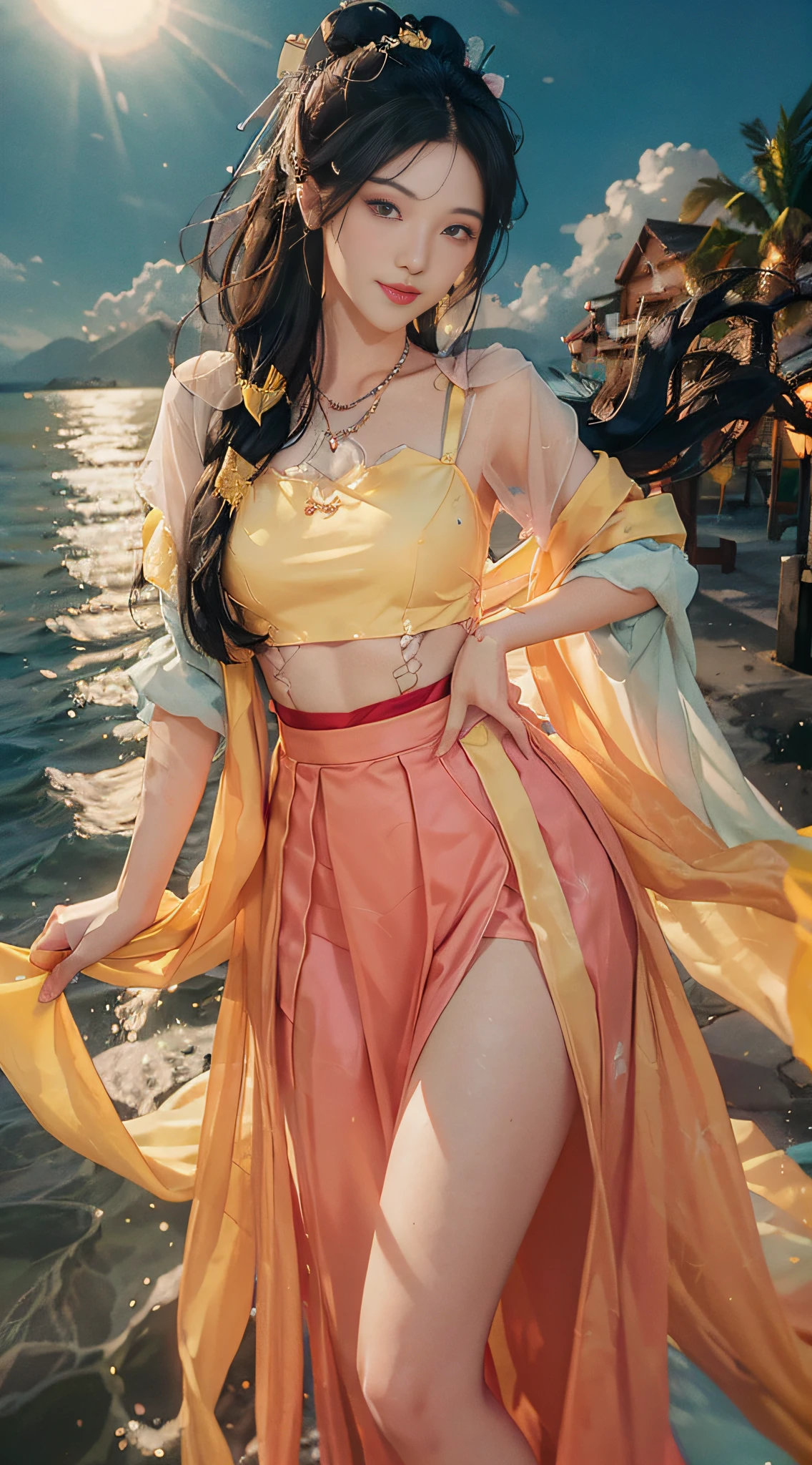 Best quality (from above), masterpiece, realistic photo, intricate detail, raw photo, photon rendering, octane rendering, ridiculous, super detailed, detailed face, detailed skin, trends on artstation, 8k masterpiece, cinematic lighting, ((1girl)), ((solo)), ((looking_at_viewer)), CG society, plasticien, ((black long hair)), (( beautiful woman)), (Smile), sexy lingerie, lingerie, (a beautiful girl, anime style girl, blue eyes, long black hair, wearing light yellow, shiny, long sleeves, open chest, long skirt swimsuit, pink, white, and yellow, heart pose above, hands on hips, in front of the beach and bright blue sky, clouds above, palm trees in the background on both sides of the picture, and a lot of blue and yellow fish swimming around in the sea, and a police helicopter with lights flew over the girl's head)