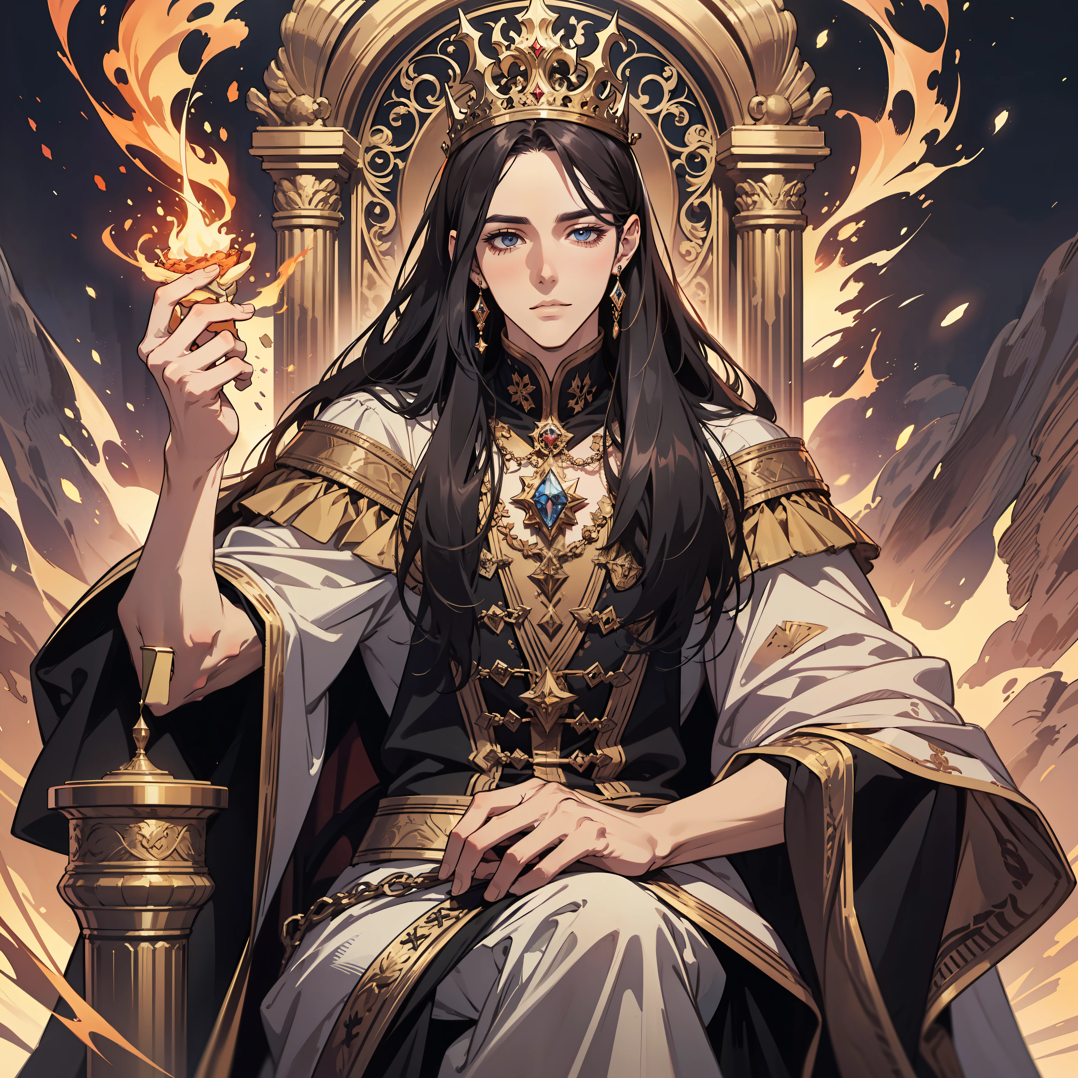 (absurd, tall, ultra detailed), 1 man, adult, handsome, high face, broad shoulders, finely detailed eyes and detailed face, long hair, fantasy, magnificent background, throne, magic effect, flame