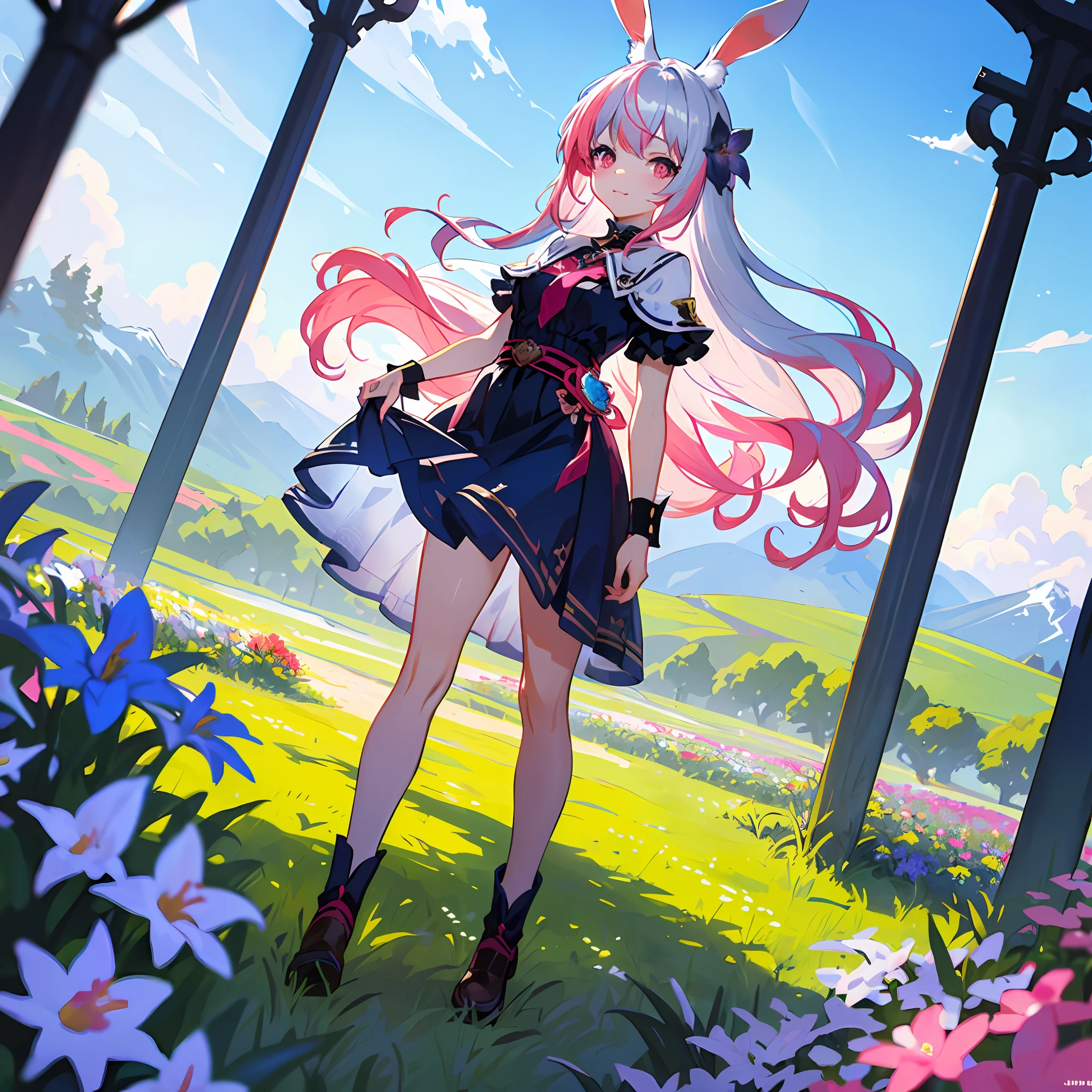 High Resolution: 1.7, Incredibly Ridiculous, Cute: 1, Cute: 1.5, Hires.fix: 1.5, Anime Visuals: 1, Incredibly Fine Illustrations, Crystal Clear White Skin, Sensual, Full Body, One Girl, Junior High School Student, (((14 years old)), Fantasy World, Fantasy, Rabbit Ears, Silver Hair with Pink Hair, Cute Dress, Lift-up skirt: 1.5, low angle, walking in the meadow of the open mountain, flower garden, cute animals gather around