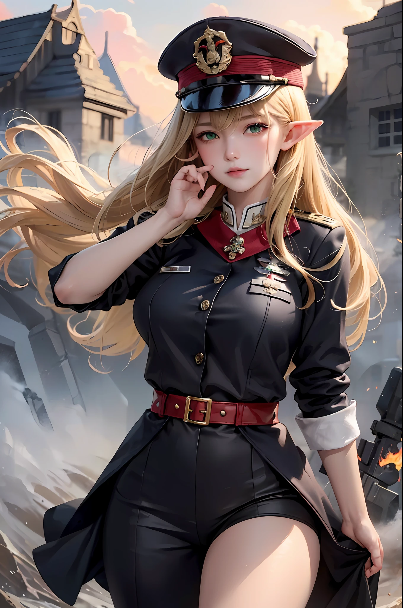 Masterpiece, Best Quality, 8K, Detailed Skin Texture, Realistic, Detailed Cloth Texture, Beautiful Detail Face, Intricate Detail, Solo, 1 Cute Girl, Elf, Ultra Detailed, Detailed Hair, Long Blonde Hair, Qi Bangs, Blush, Not Smiling, (Open Eyes: 1.3, Green Eyes), (Eye Reflex: 1.6), (Smooth, Skin Reflects Light), (Slim, Flame Emblem Theme, Garreg Mach Monastery Uniform, Army Hat, Pose, Updraft), (Big Breasts (d)), Thighs, Extreme Gorgeous, Flame Emblem Style, Battlefield Background, Depth of Field, Side Shot
