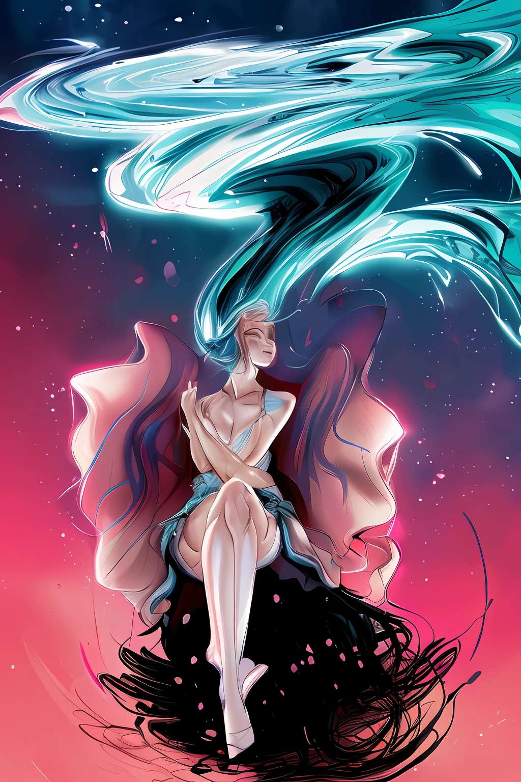 a drawing of a woman sitting under a storm with her hair blowing, loish |, charlie bowater art style, style of charlie bowater, in style of charlie bowater, loish art style, by Eddie Mendoza, her hair is the milky way, by Noe Canjura, trending on artstration, hair flowing, by Oswaldo Viteri