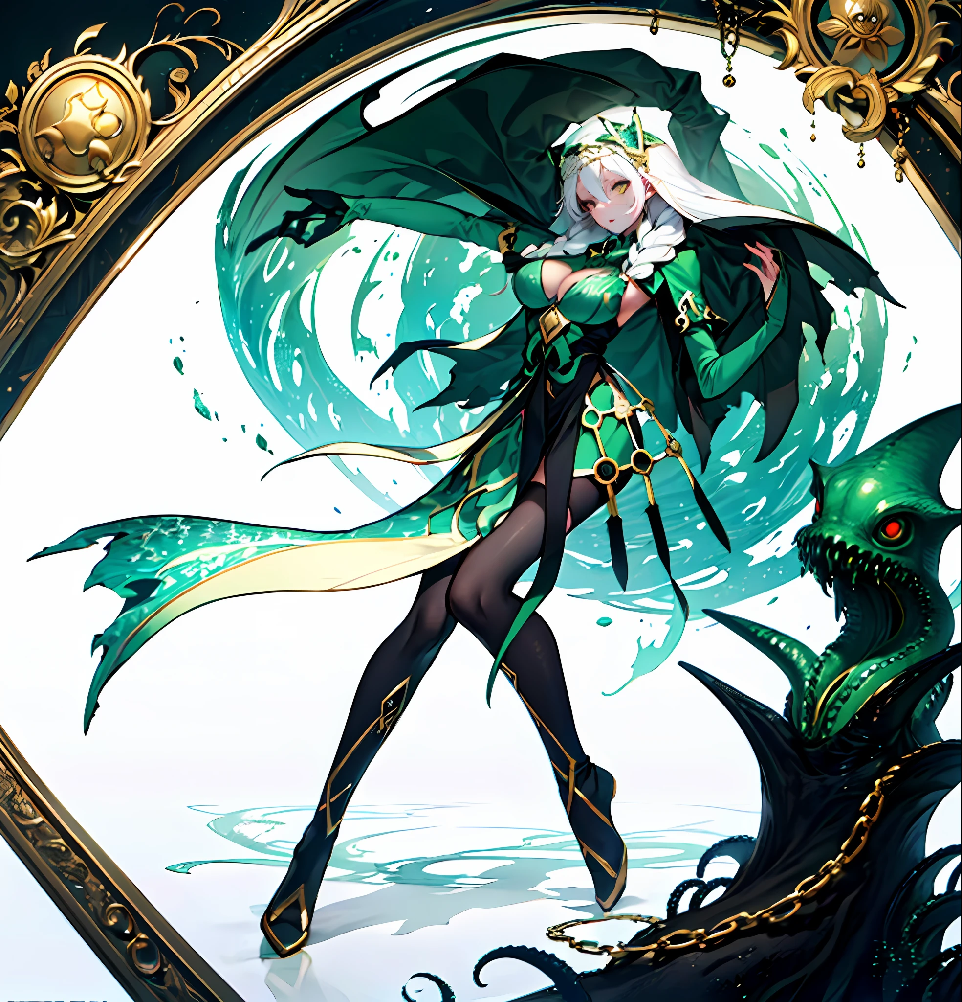 White hair, black clothes, black stockings, gold ornaments, sexy witches, green embellishments, masterpiece, high details, ccurate, best quality, 8k, 1 girl, cthulhu, dark, gothic