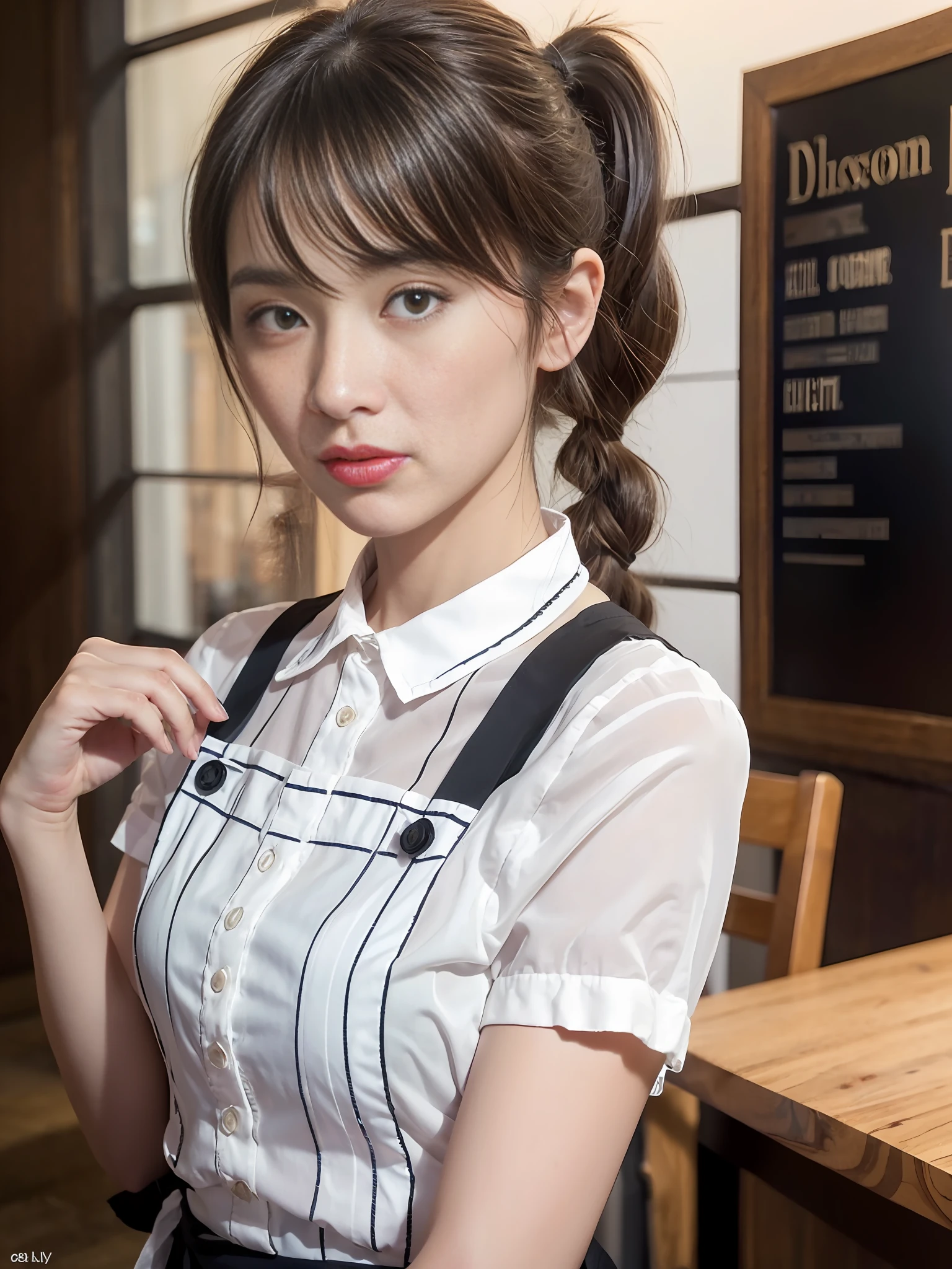 mature barista woman, (masterpiece: 1.3), (8k, photorealistic, RAW photos, best quality: 1.4), (1girl), shallow depth of field, focused face, soft focus, beautiful face, (backlight: 1.5), (surroundings: 1.3), (realistic face), (black hair, medium short: 1.3), loose wavy hair, short bangs, Ponytail, Pigtails, Braids, Realistic eyes, Dark brown eyes, Pupil highlights, Beautiful detail eyes, (plenty of natural light), (Realistic skin), Beautiful skin, (White collar blouse), (Apron), (Carrying tray), Absurd, Attractive, Ultra High Definition, Ultra Realistic, High Definition, Golden Ratio, Detailed Cafe Dining Background, Blackboard Menu, Backlight from the back window, pale skylight with natural light, natural light lighting from diagonally in front of the face, (small head), (small), perfect anatomy