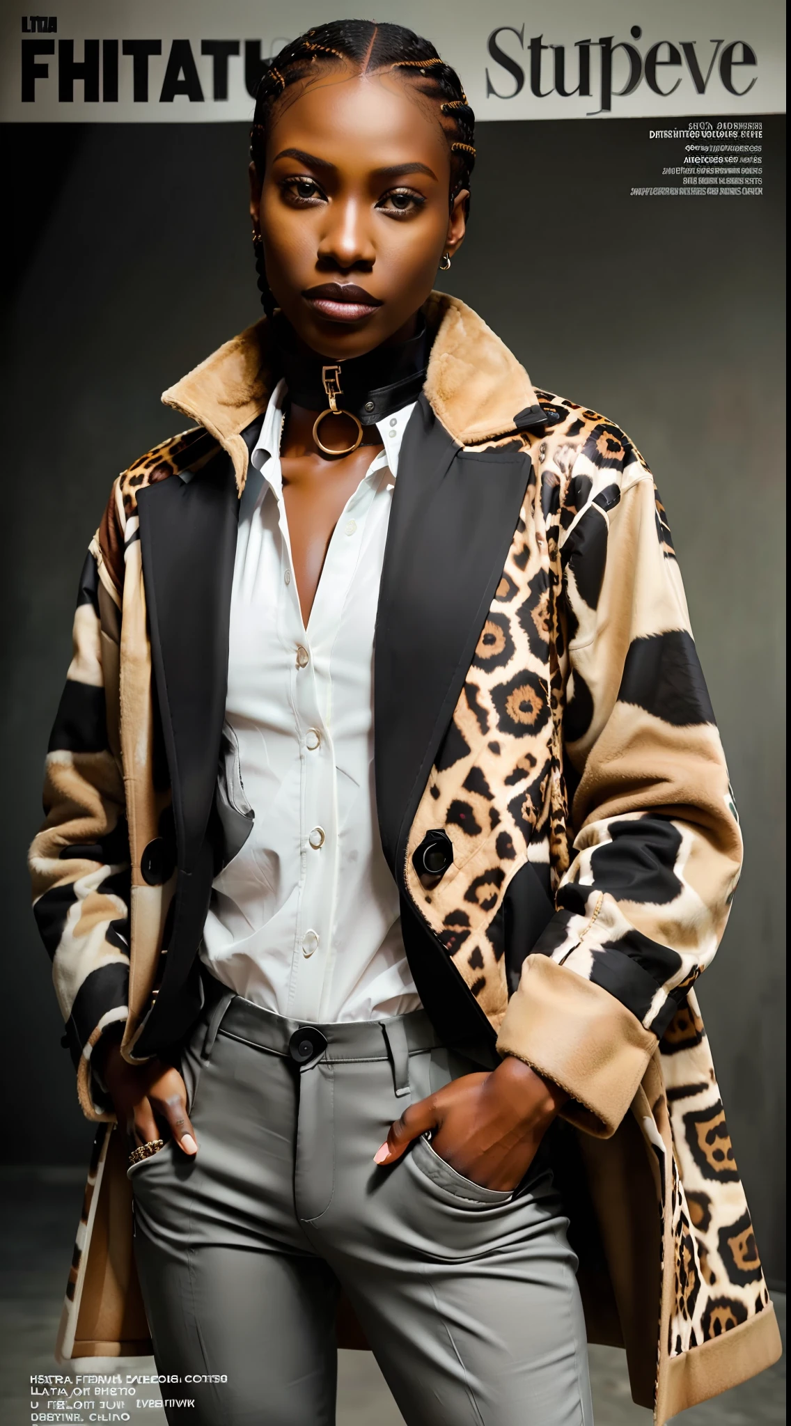 (((A black model with African facial features))) in elegant photomodel pose for digital magazine Editorial Cover Photo, ((wearing winter clothes)), (((High collar shirt pants and overcoat)))com((full jaguar print )), realistic print, symmetrical, detailed, haute couture, ultra detailed finishes, cute aspect, intricate details, photo editorial style of magazine cover, high fashion, apply editorial environment, masterpiece, highest quality, ultra detailed, high def,