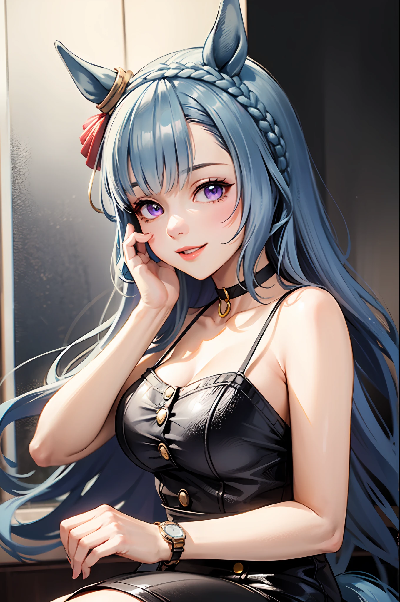 best quality,masterpiece, high res, beautiful detailed eyes,ultra-detailed, mejiro ardan \(umamusume\), ear ornament,horse ears, horse tail, close-up wide angle, smile, watch viewer, Cleavage white button down blouse, high waisted black pencil skirt, black strappy heels, gold choker necklace, black leather clutch,都市景観,